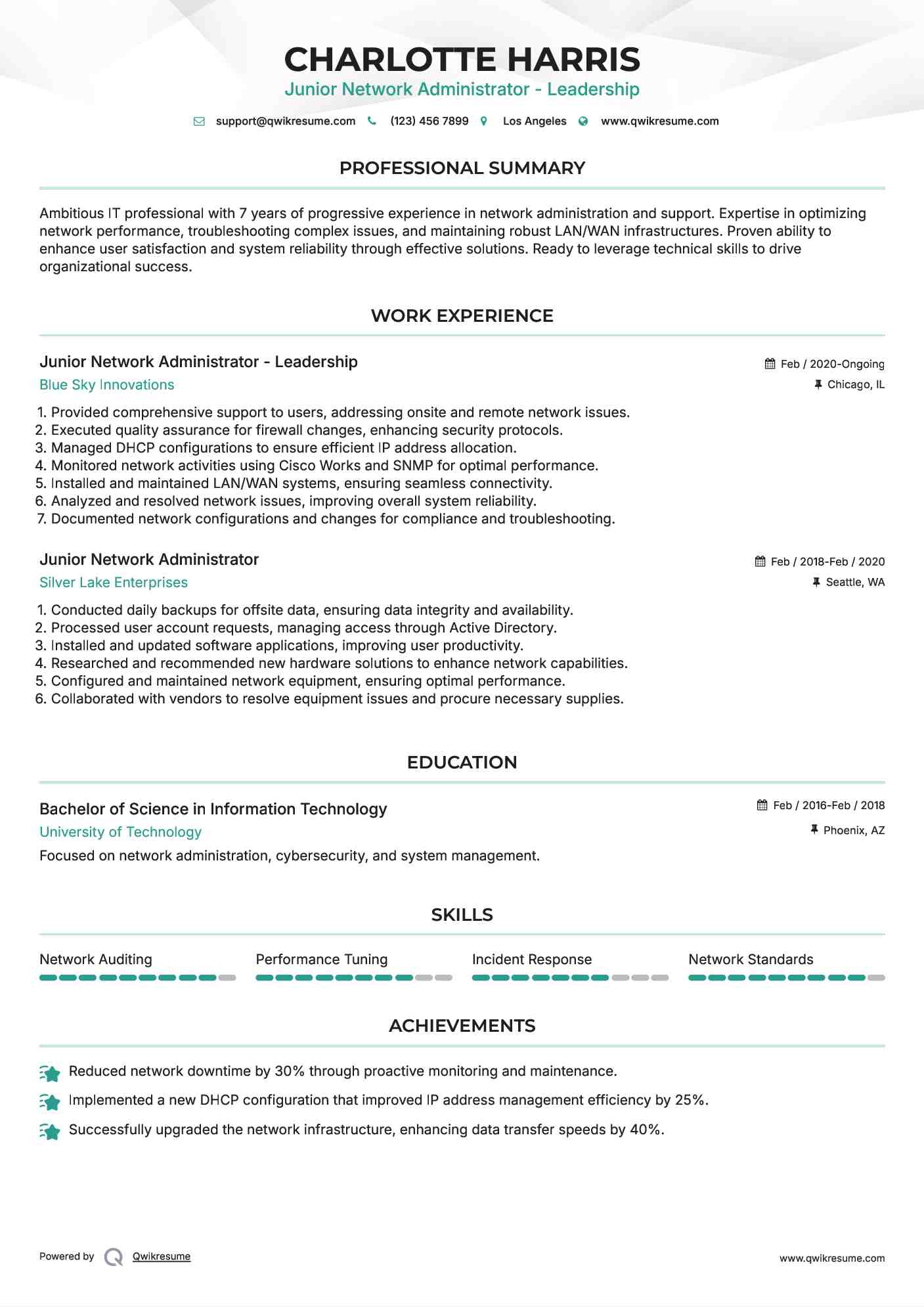 Junior Network Administrator - Leadership Resume Sample