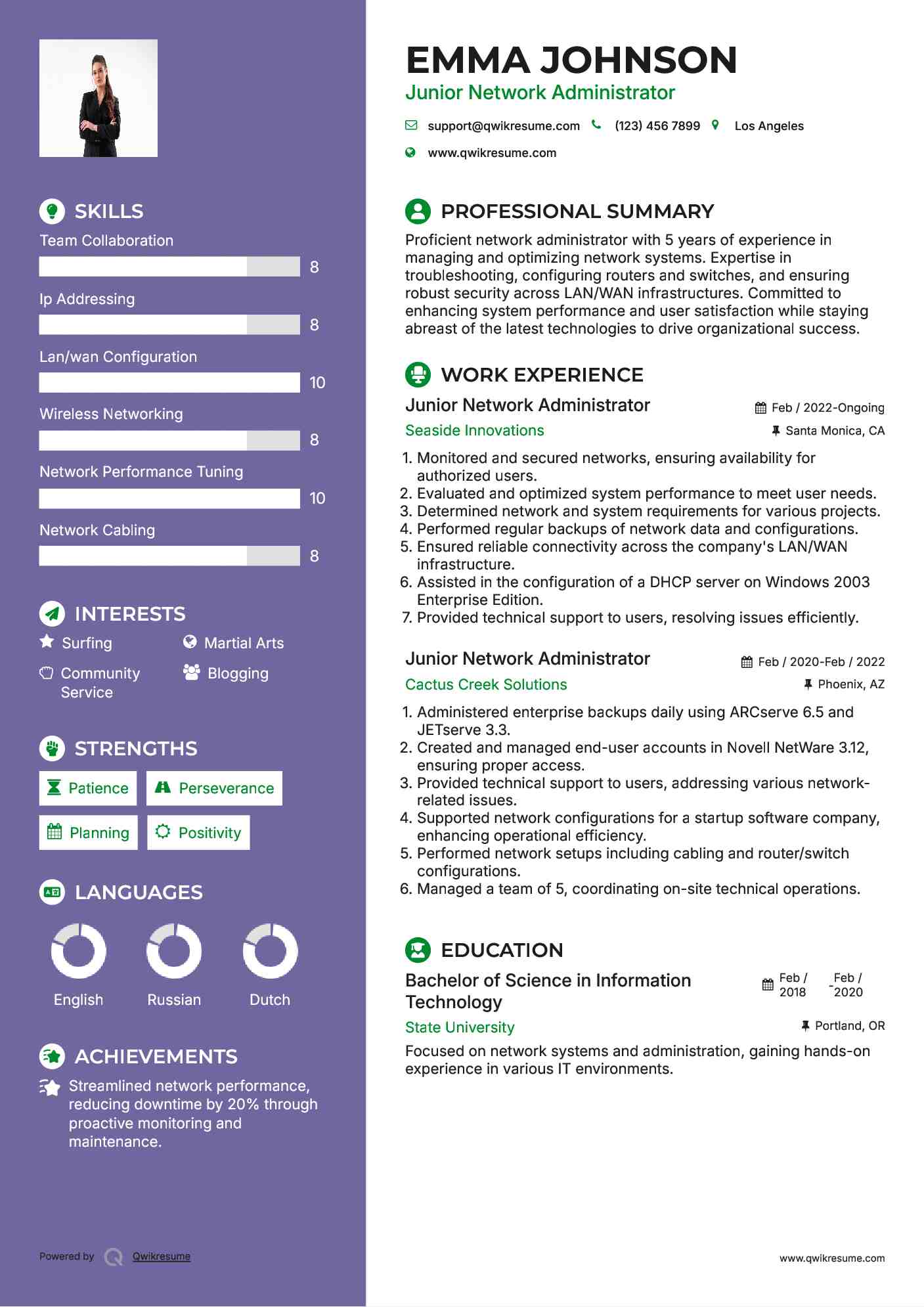 Junior Network Administrator Resume Sample