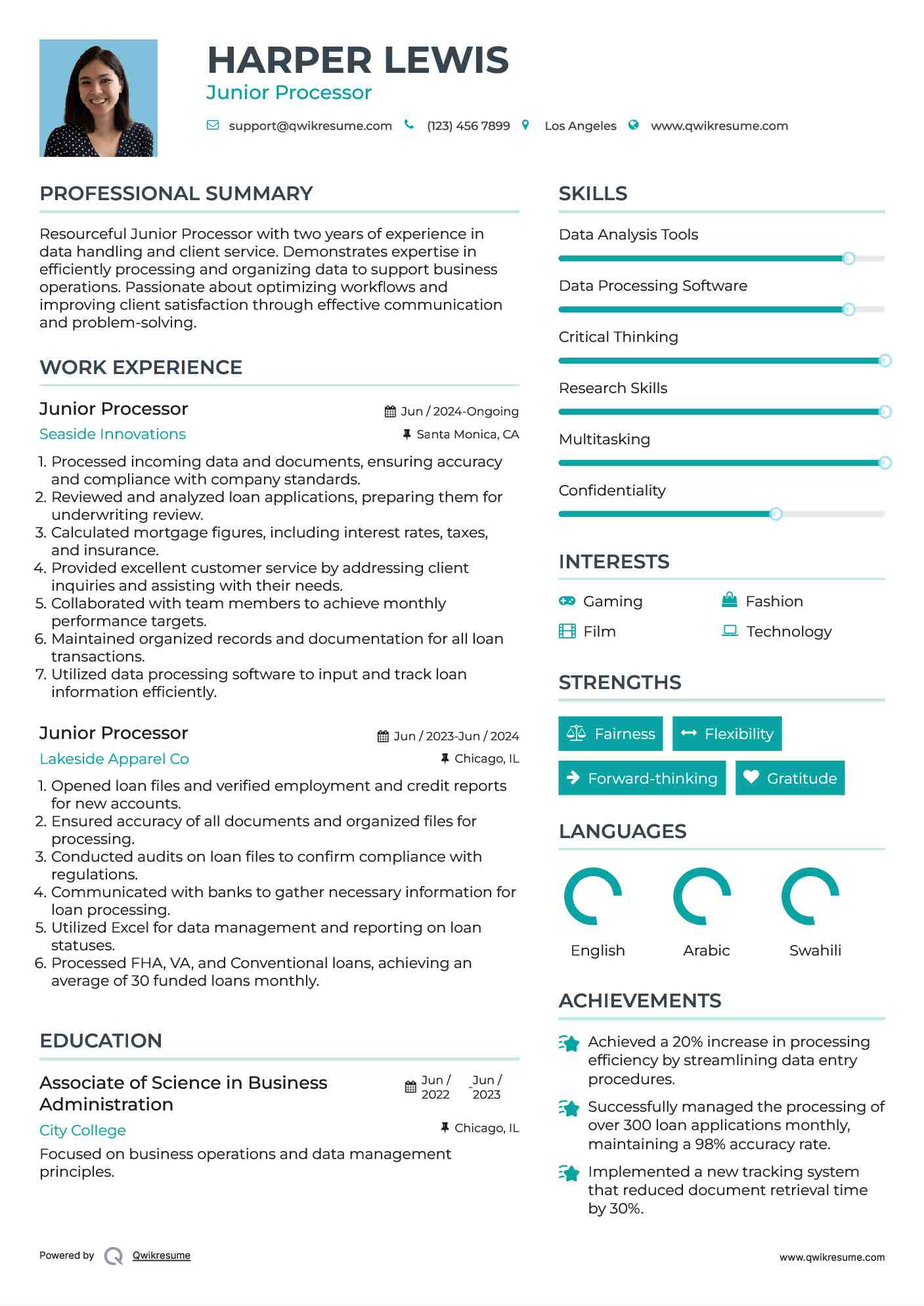 Junior Processor Resume Example