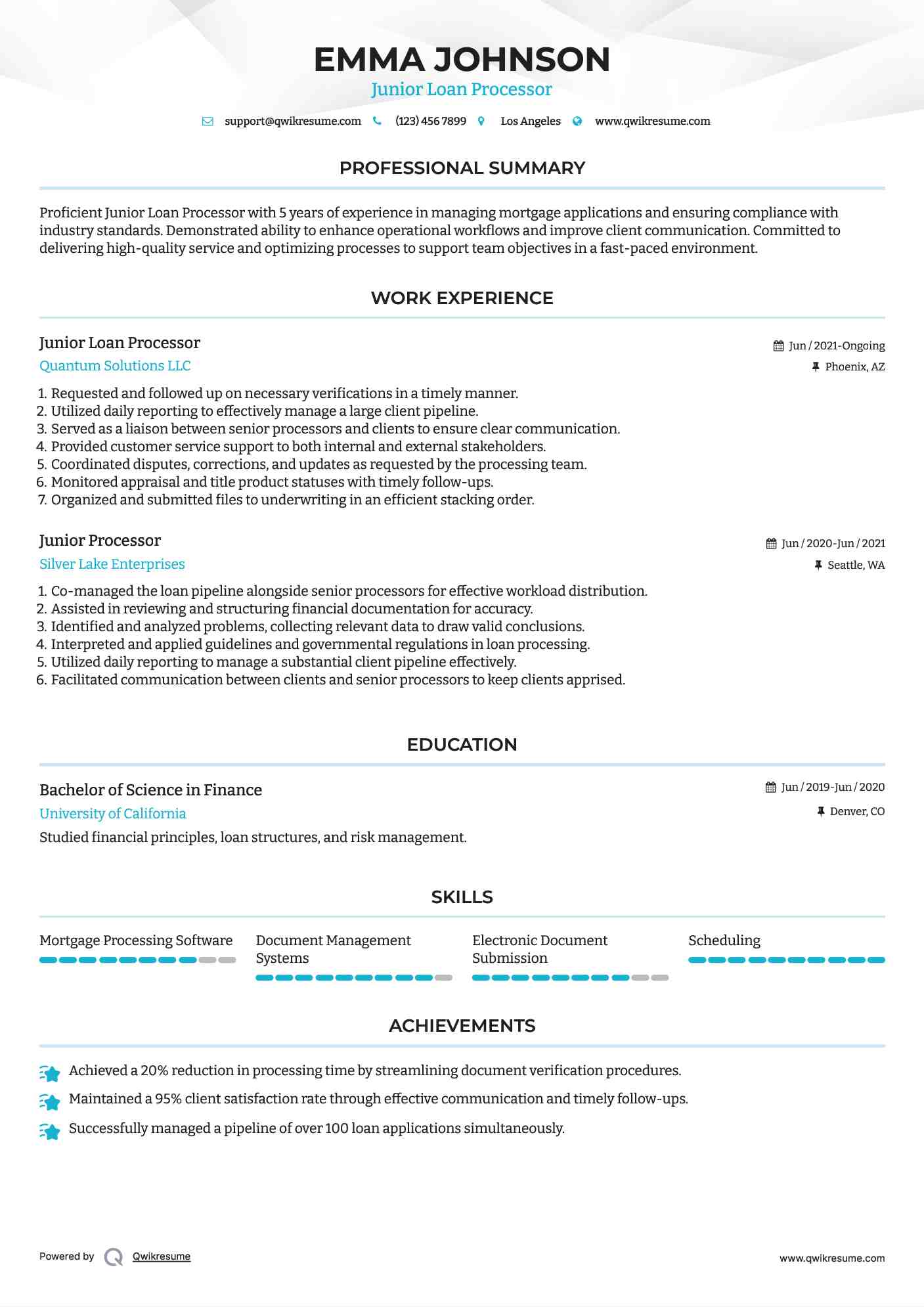 Junior Loan Processor Resume Sample