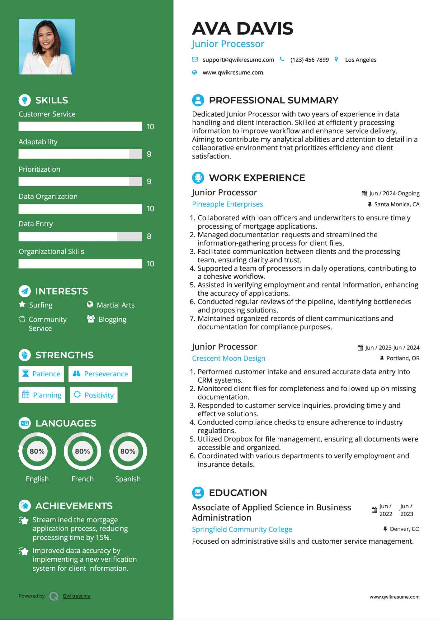 Junior Processor Resume Model