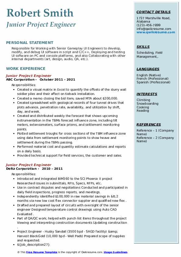 Junior Project Engineer Resume Samples | QwikResume