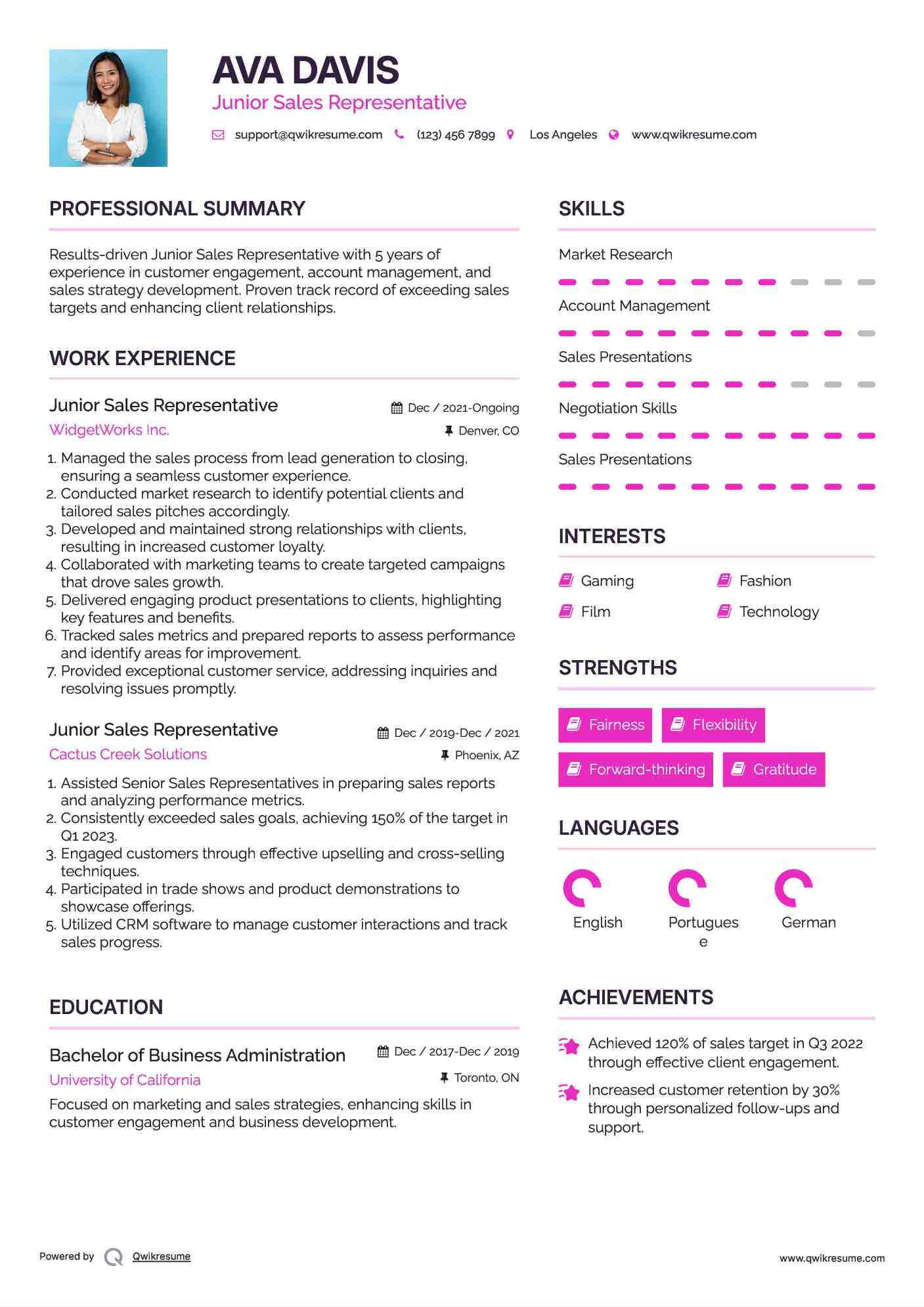 Junior Sales Representative Resume Sample