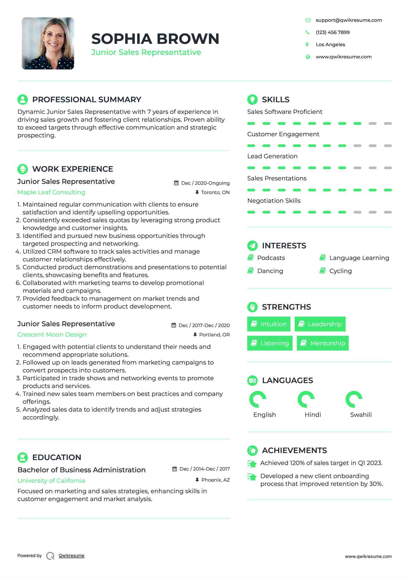 Junior Sales Representative Resume Sample