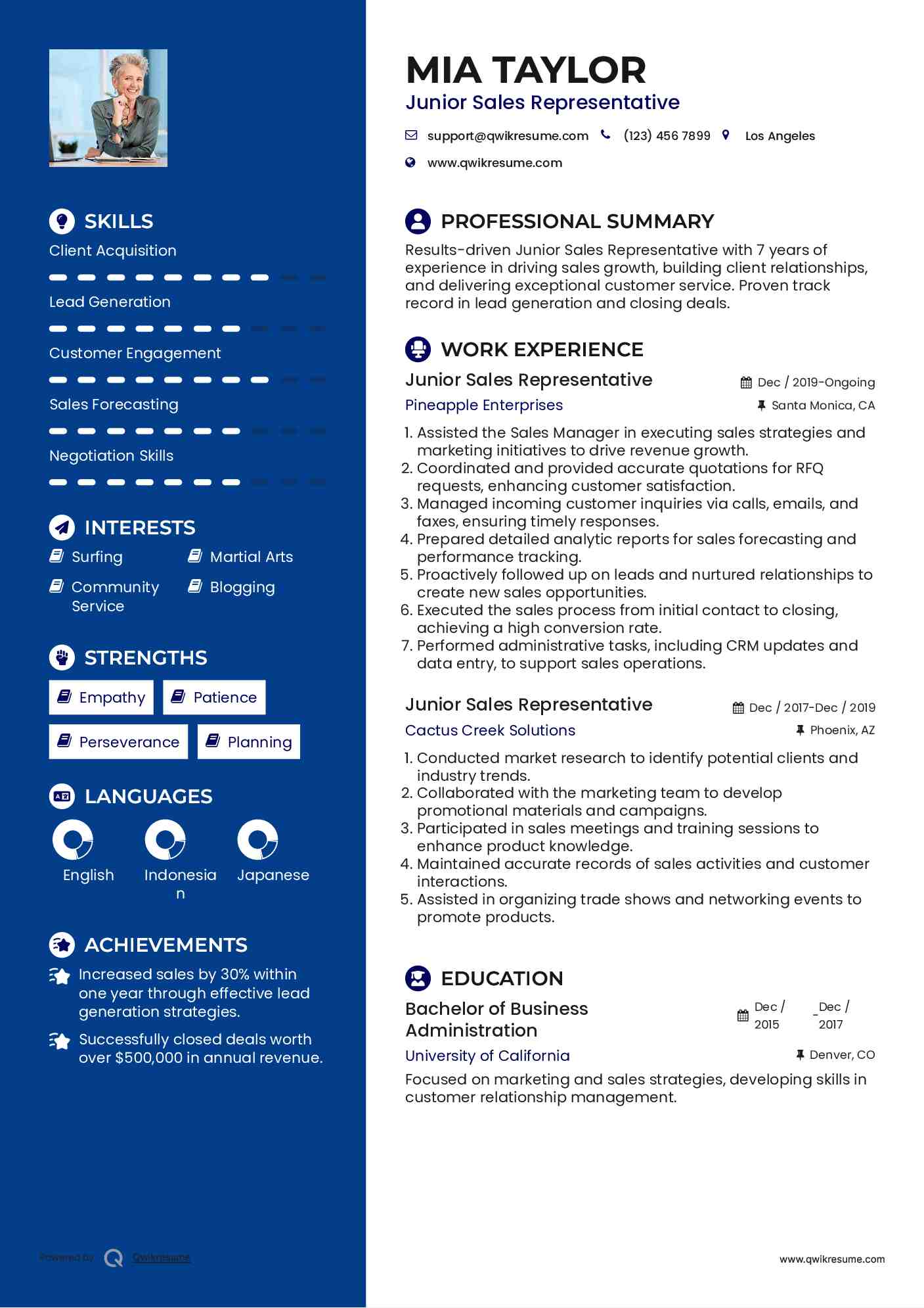 Junior Sales Representative Resume Template