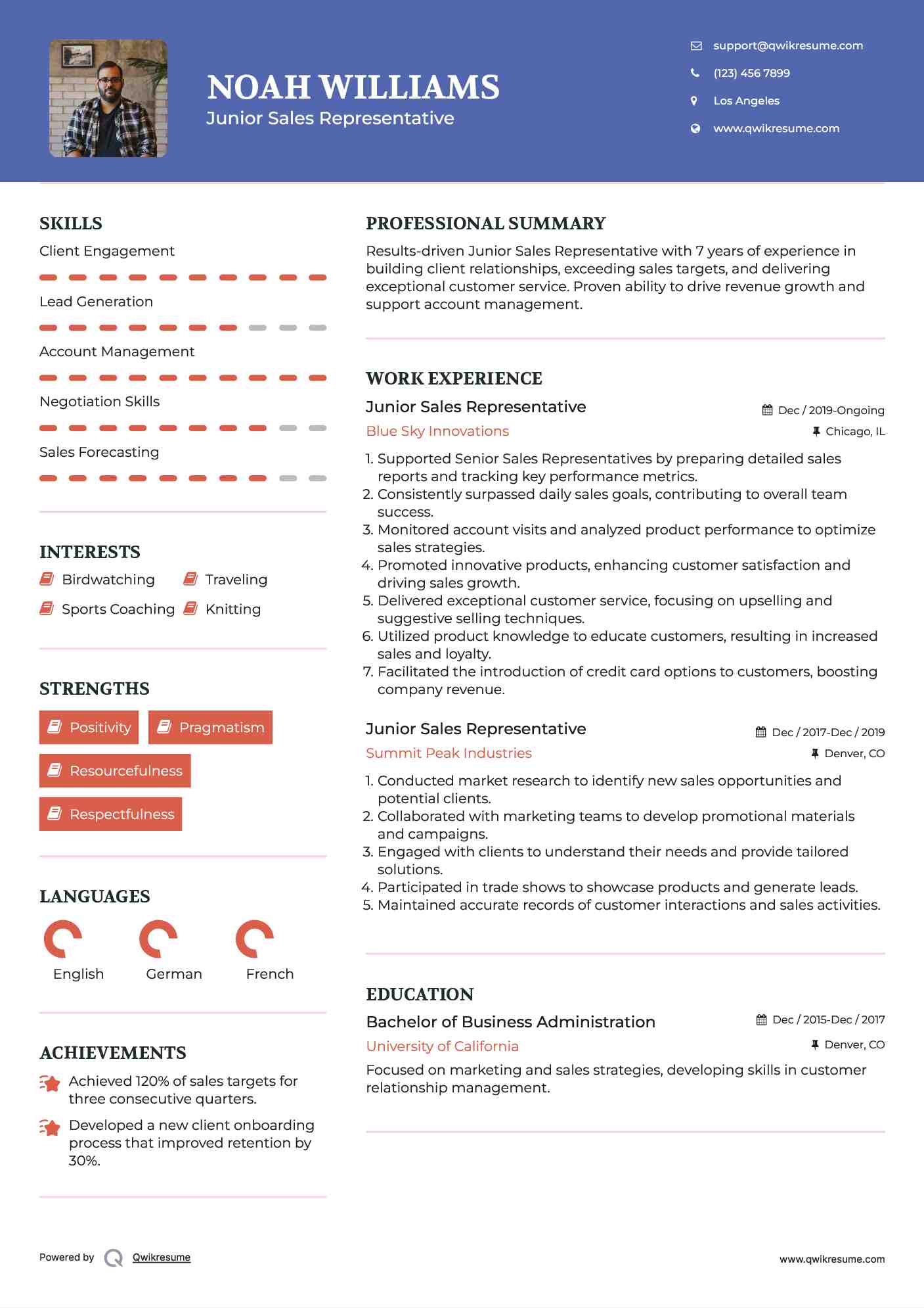 Junior Sales Representative Resume Example