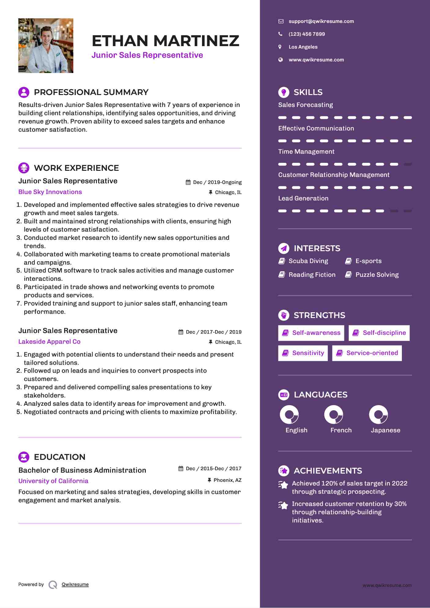 Junior Sales Representative Resume Example