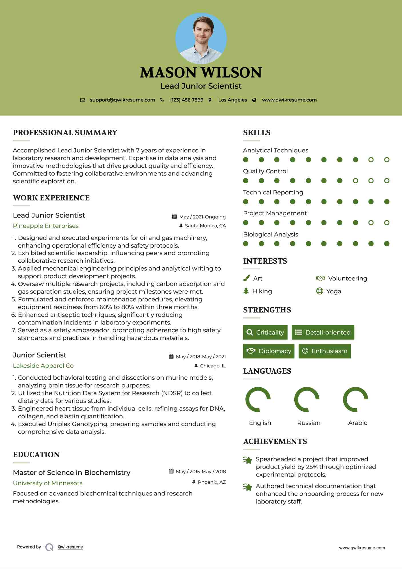 Lead Junior Scientist Resume Template