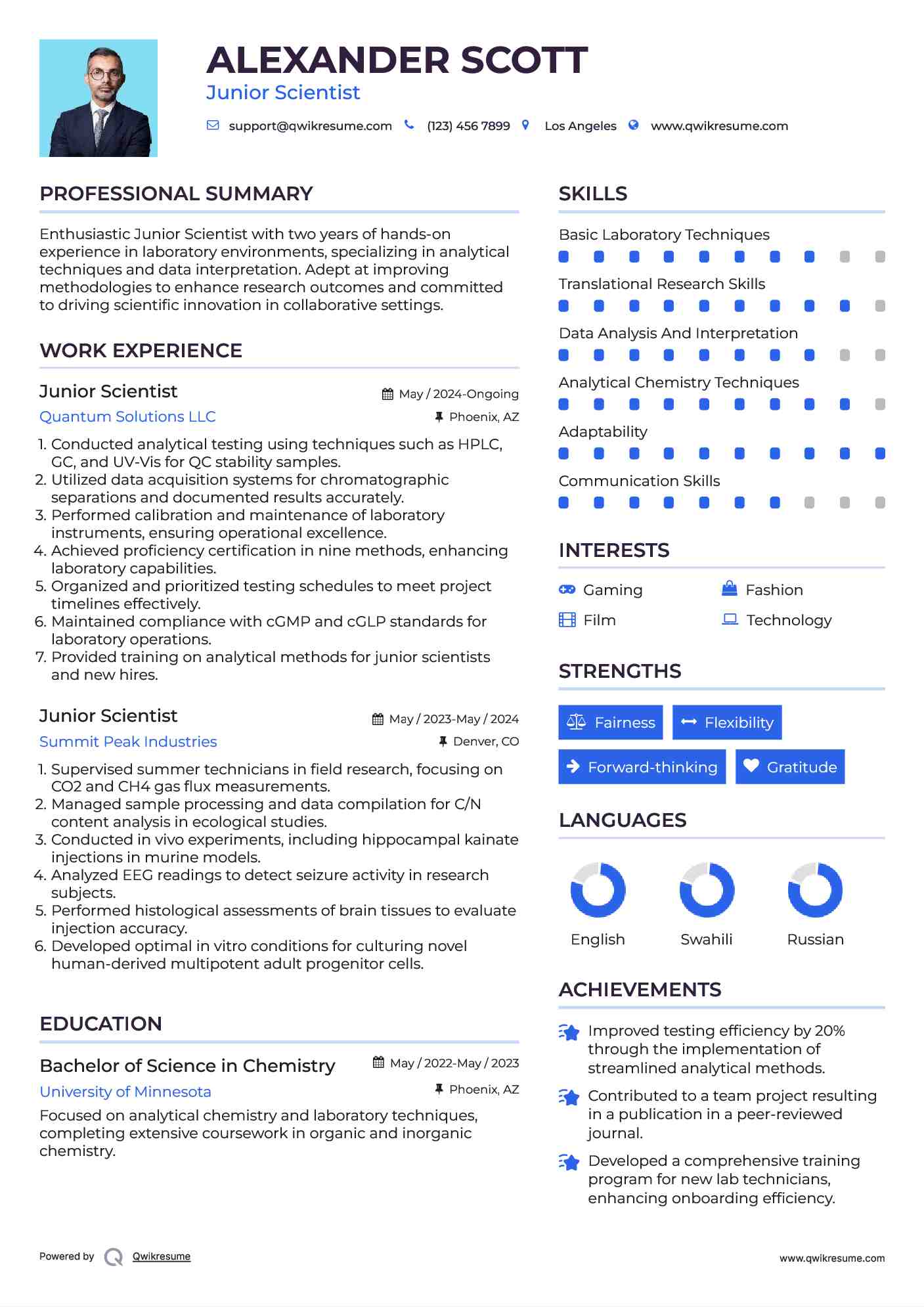 Junior Scientist Resume Example