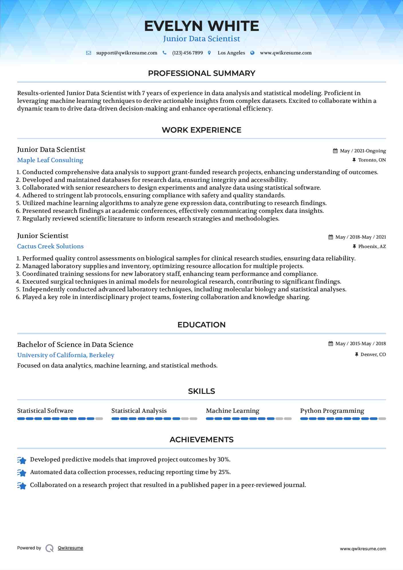 Junior Data Scientist Resume Model