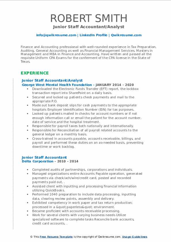 Junior Staff Accountant Resume Samples QwikResume