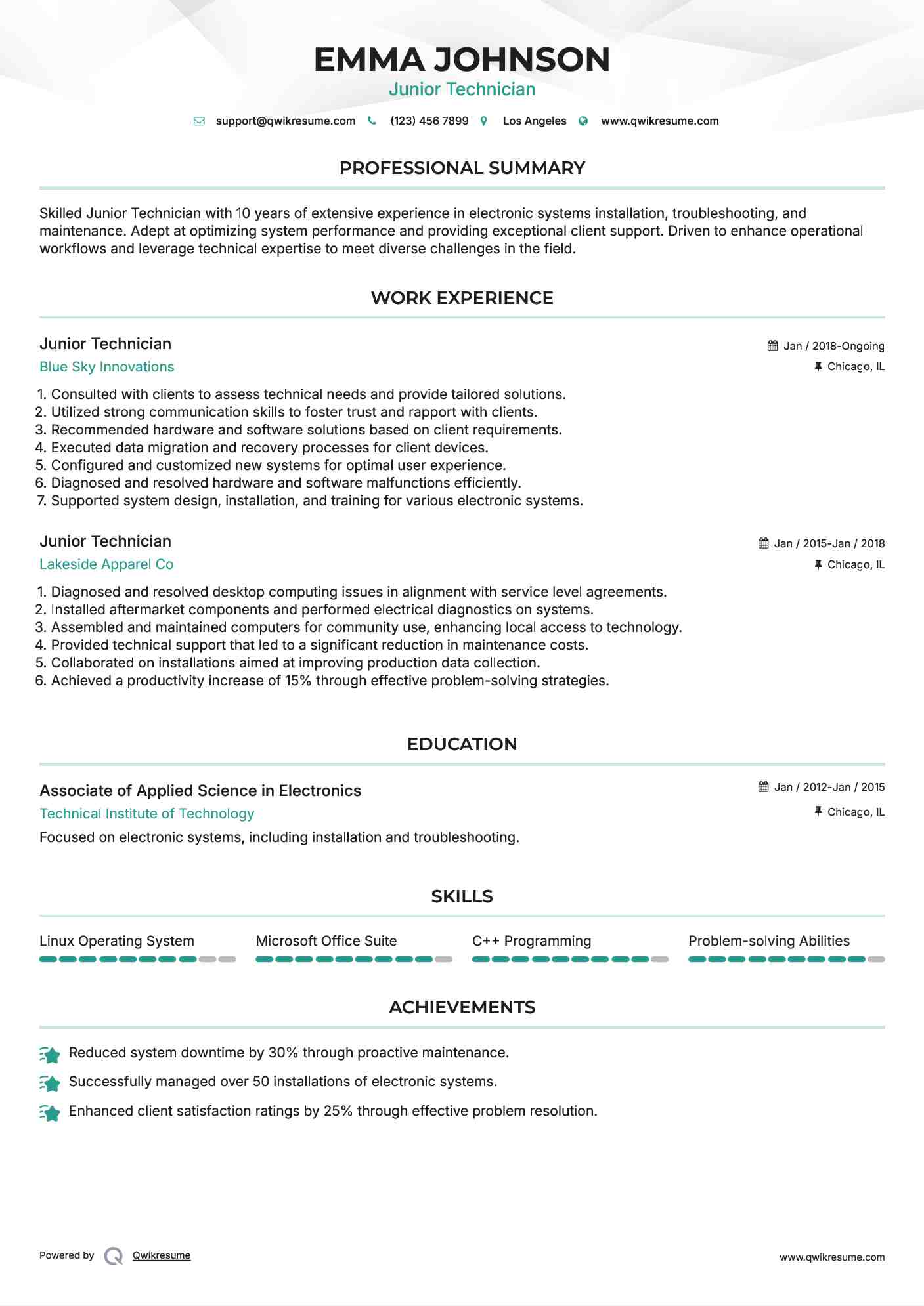 Junior Technician Resume Example