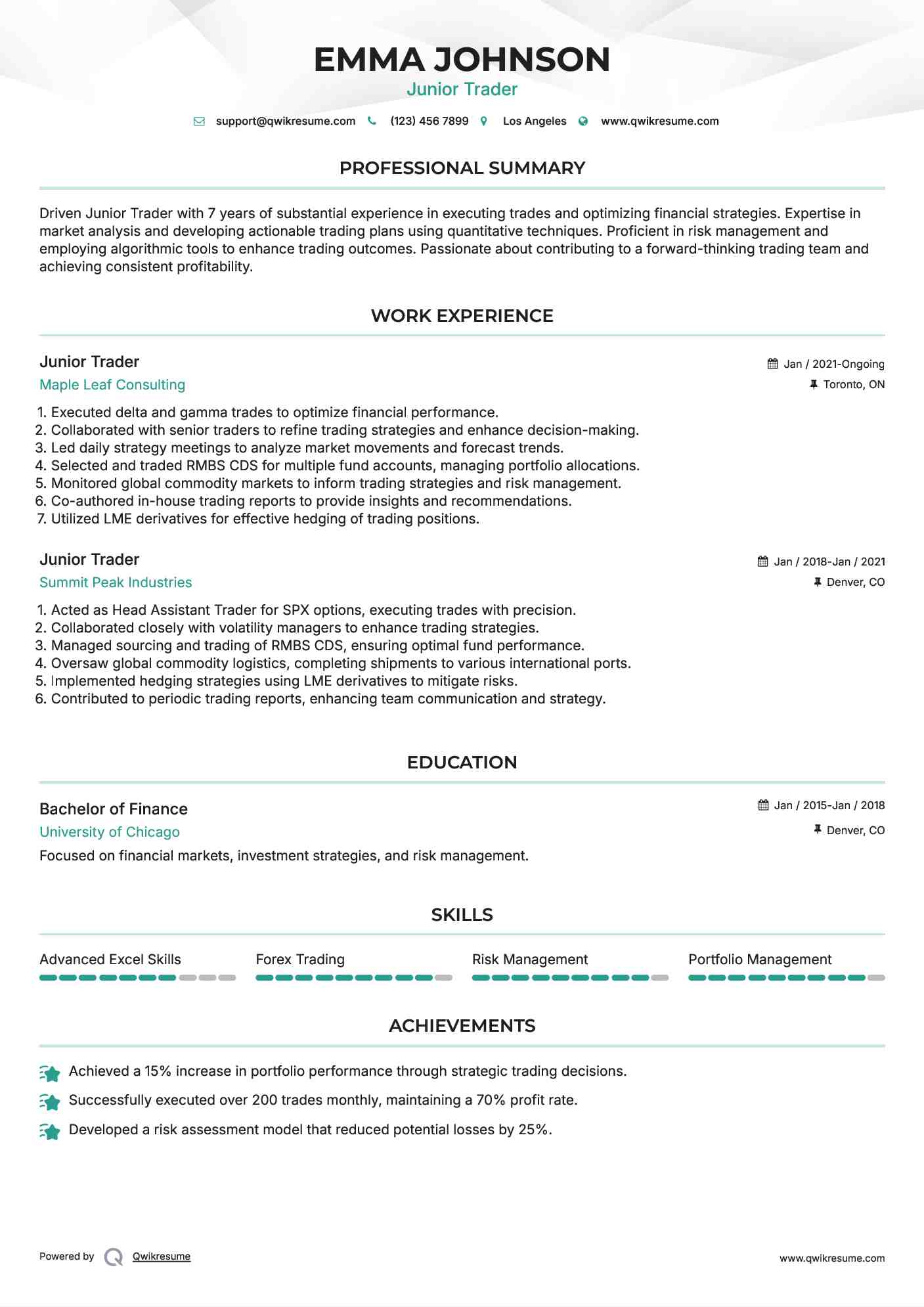 Junior Trader Resume Format