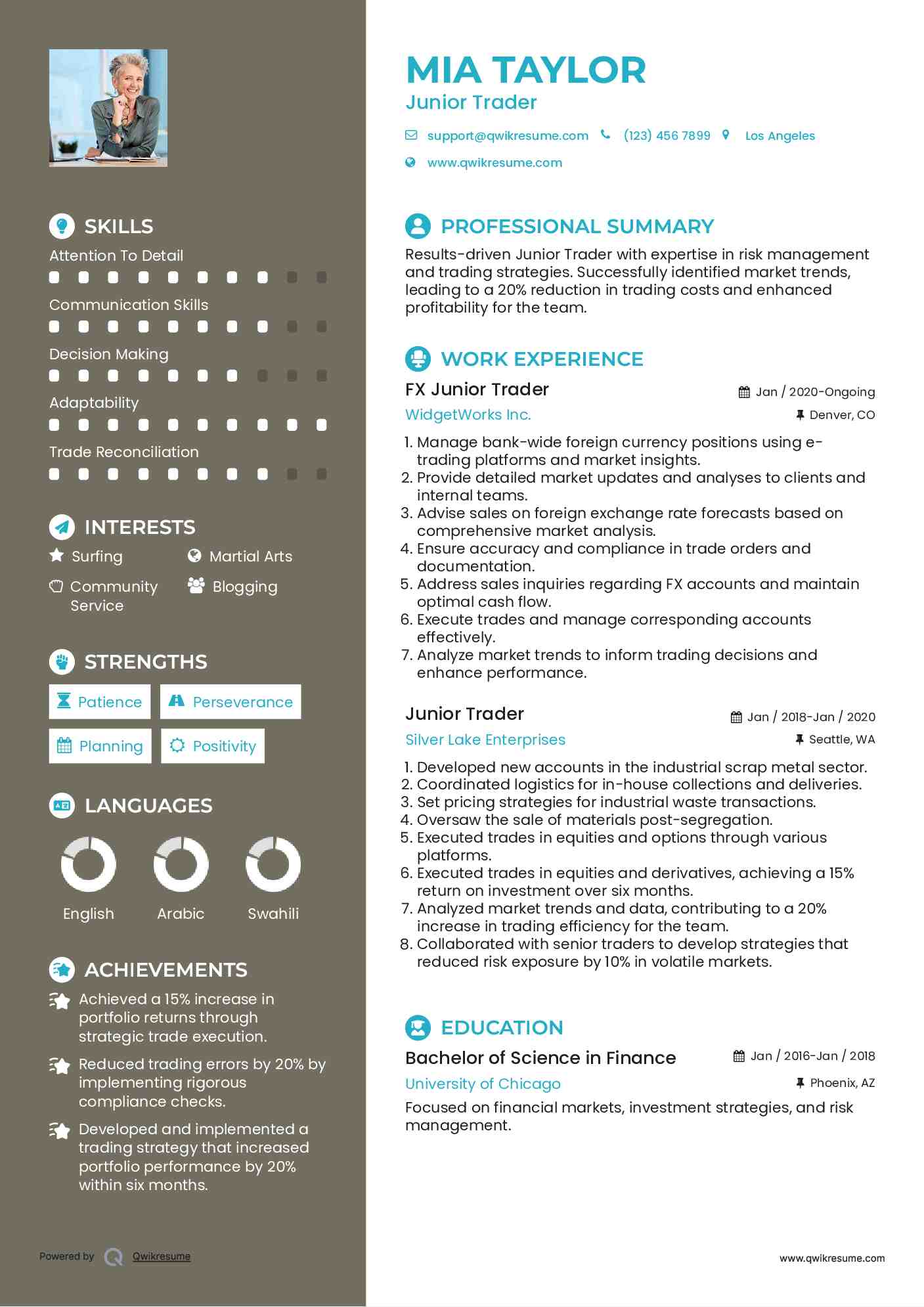 FX Junior Trader Resume Model