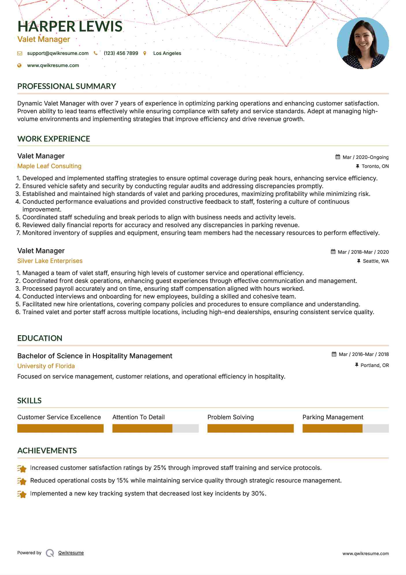 Valet Manager Resume Template
