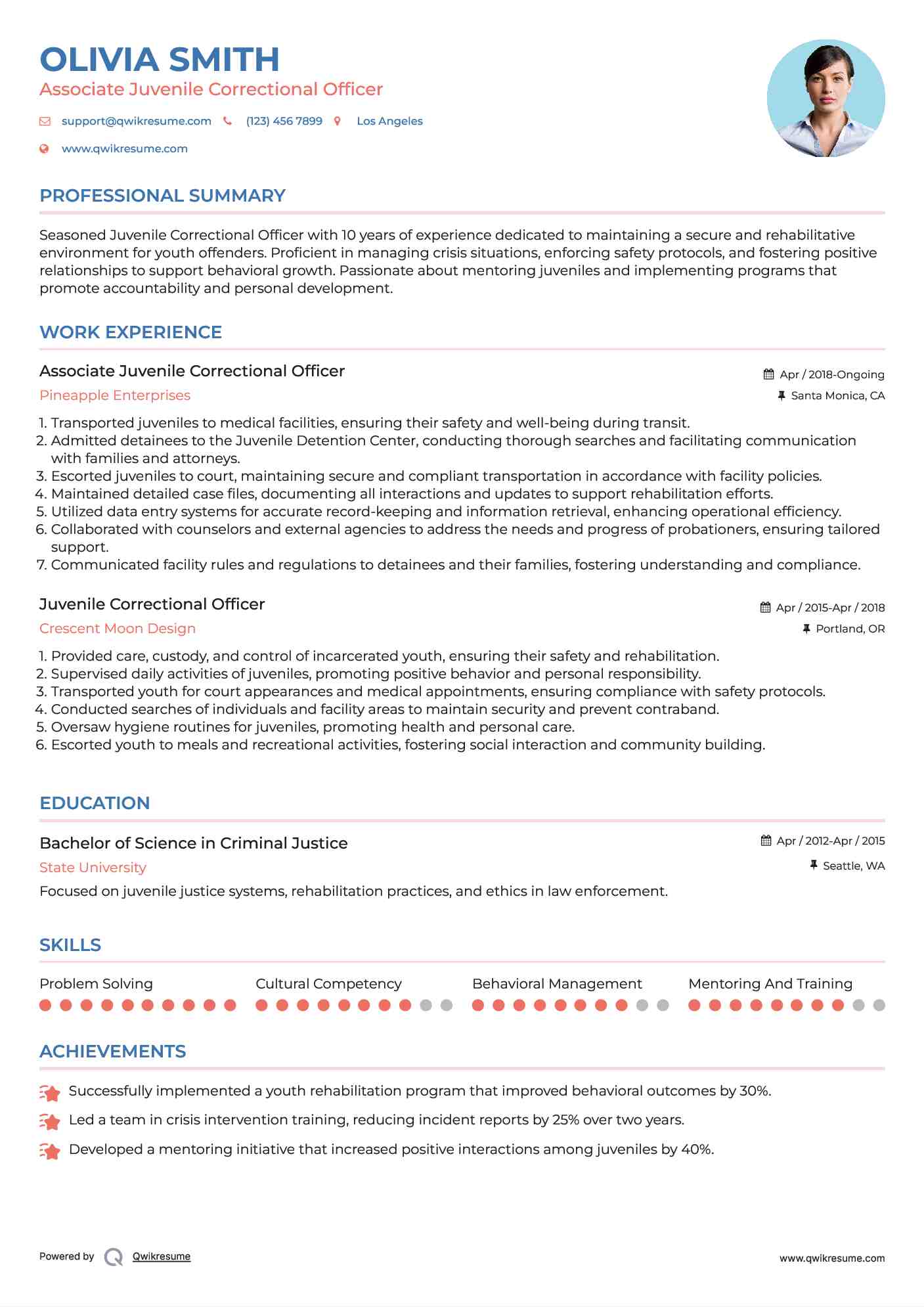 Associate Juvenile Correctional Officer Resume Example