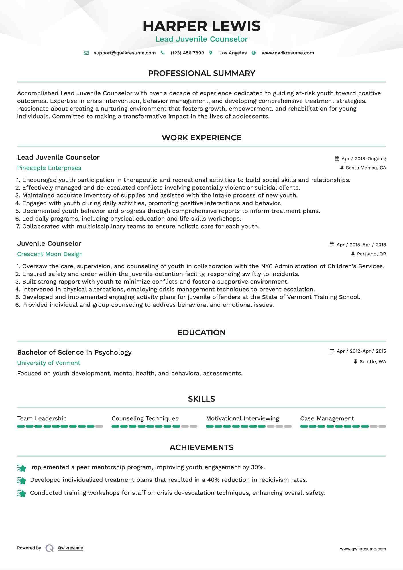 Lead Juvenile Counselor Resume Example