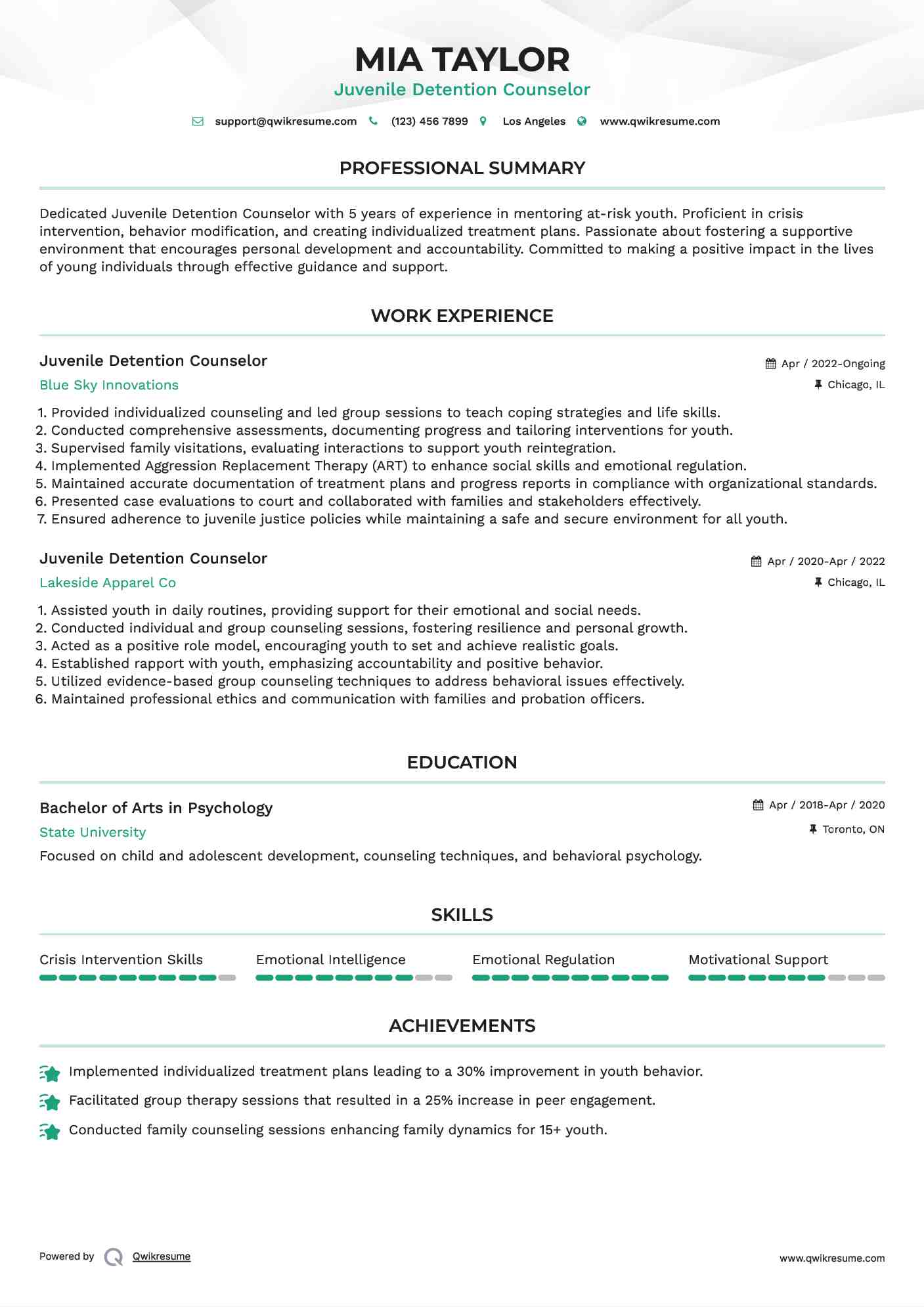 Juvenile Detention Counselor Resume Model