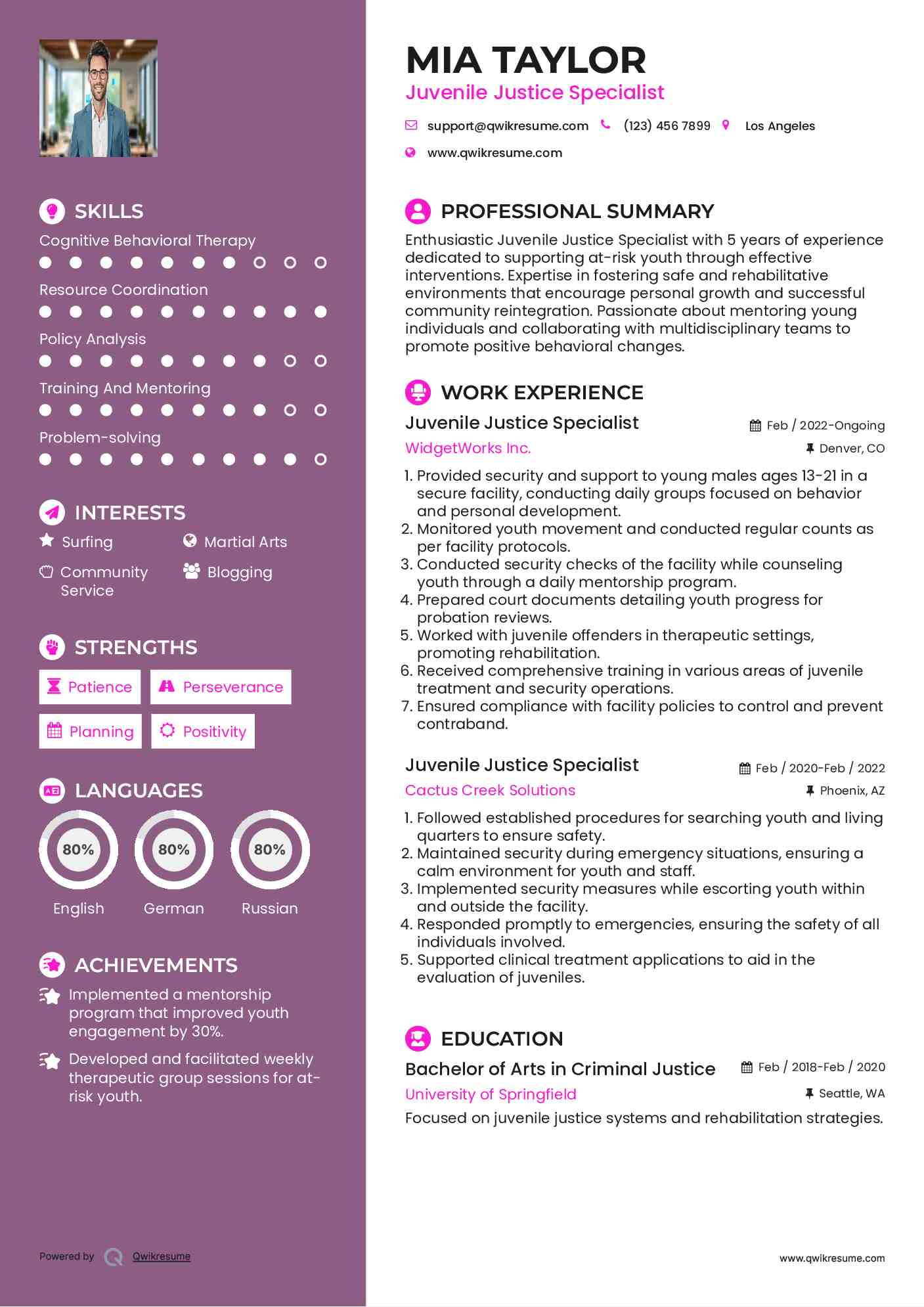 Juvenile Justice Specialist Resume Example