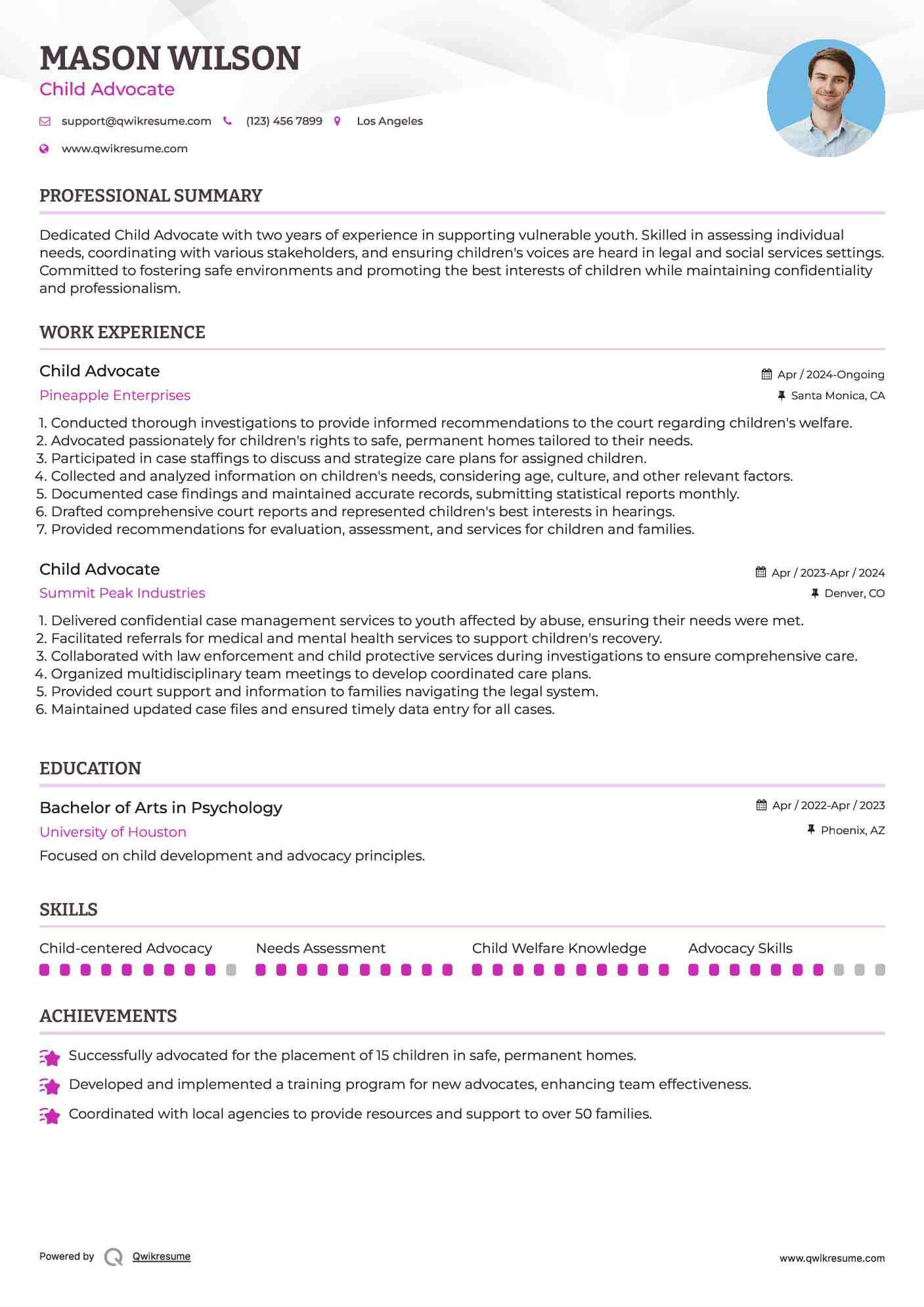 Child Advocate Resume Sample
