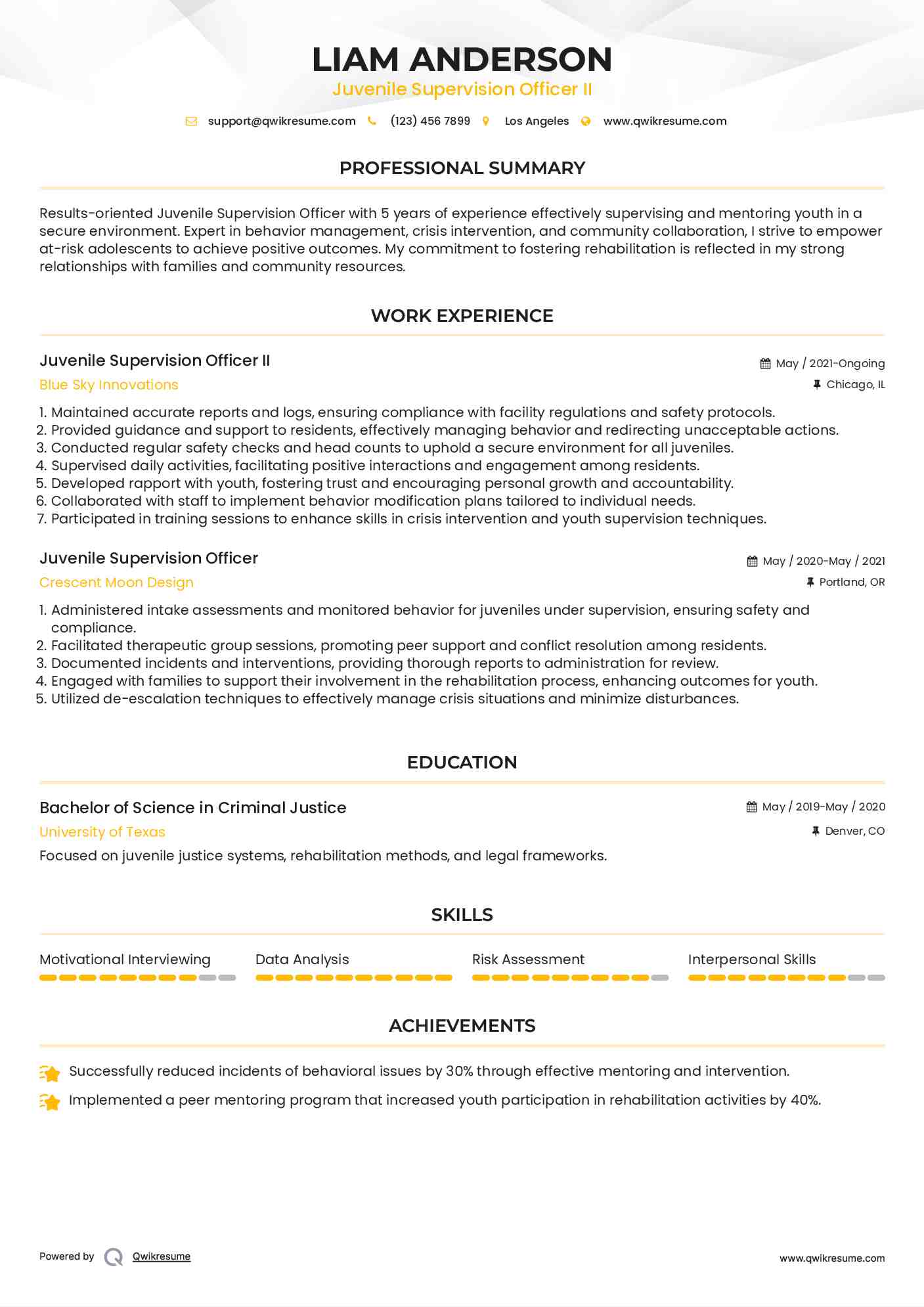 Juvenile Supervision Officer II Resume Model