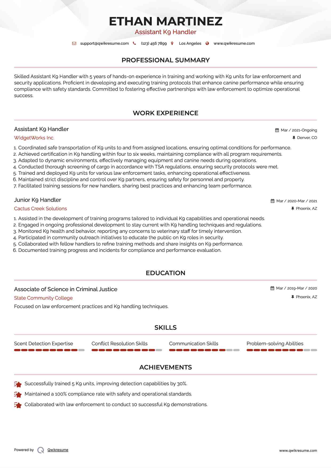 Assistant K9 Handler Resume Model