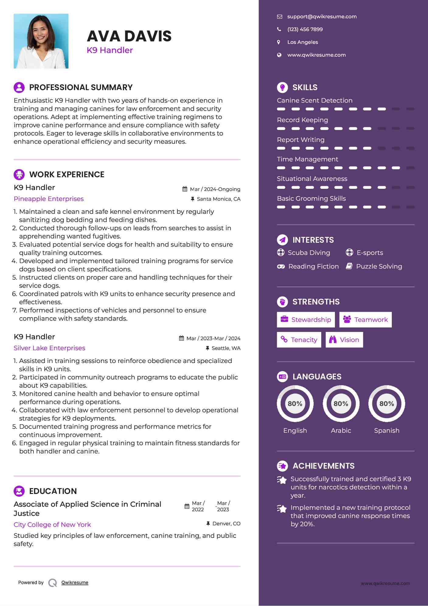 K9 Handler Resume Sample