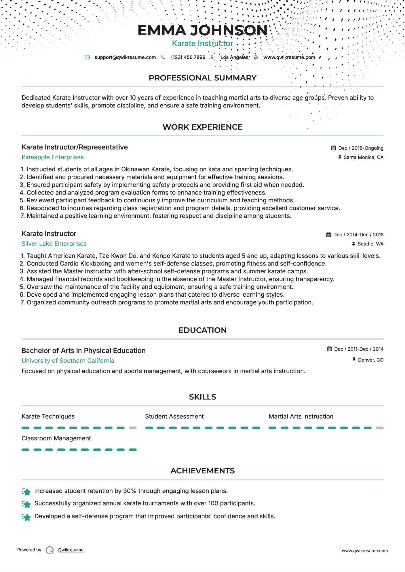 Karate Instructor/Representative Resume Example