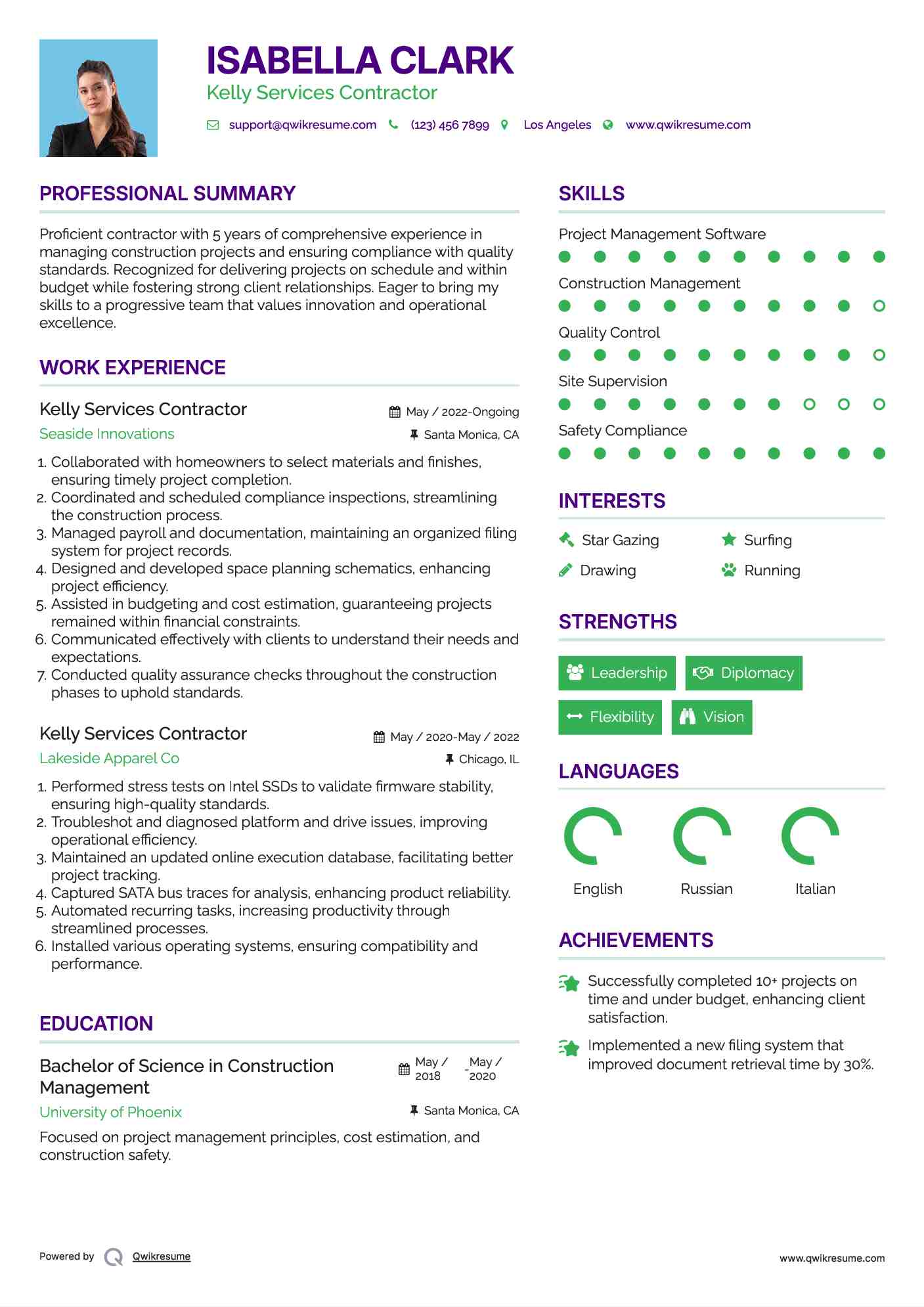 Kelly Services Contractor Resume Model