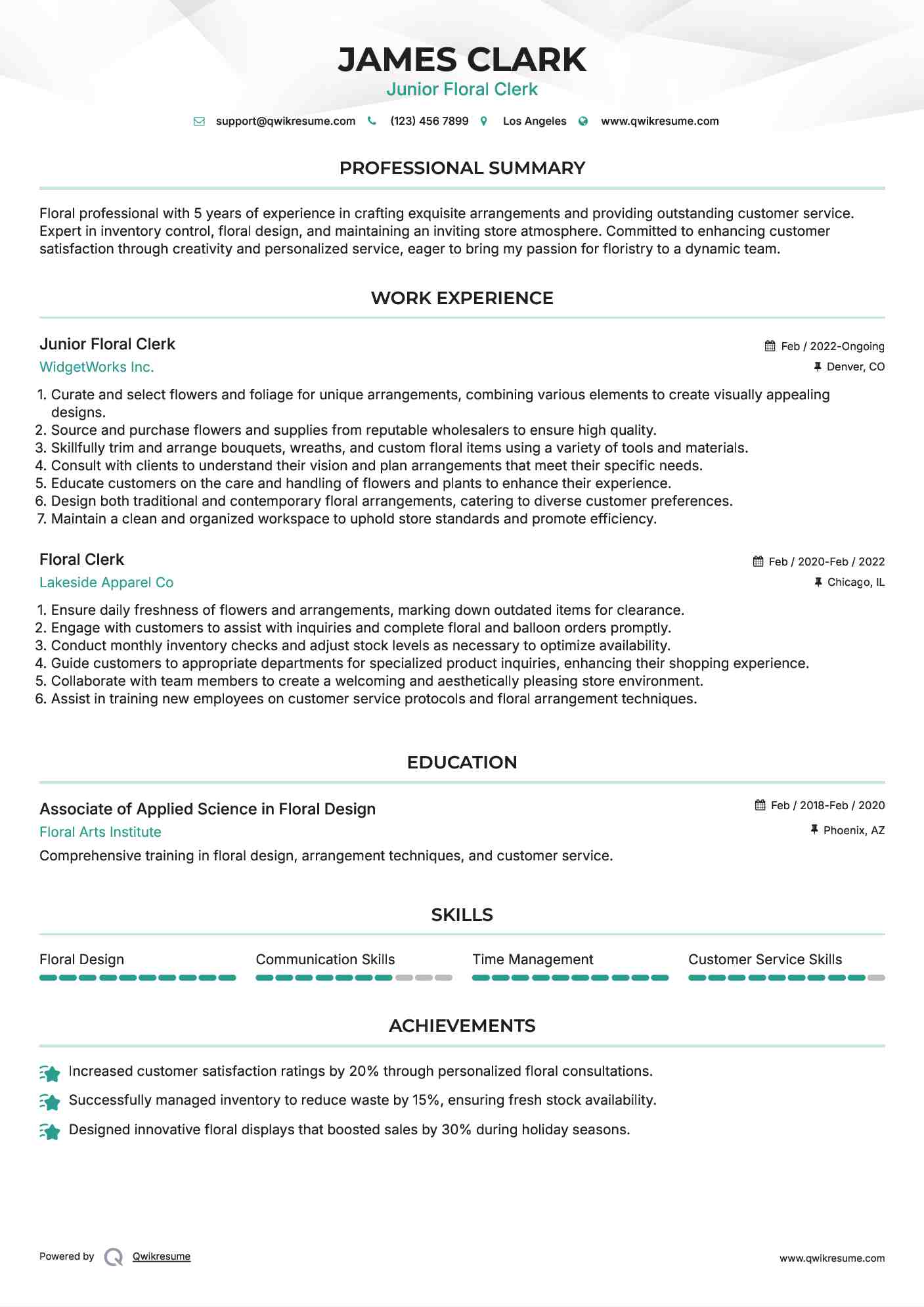 Junior Floral Clerk  Resume Model