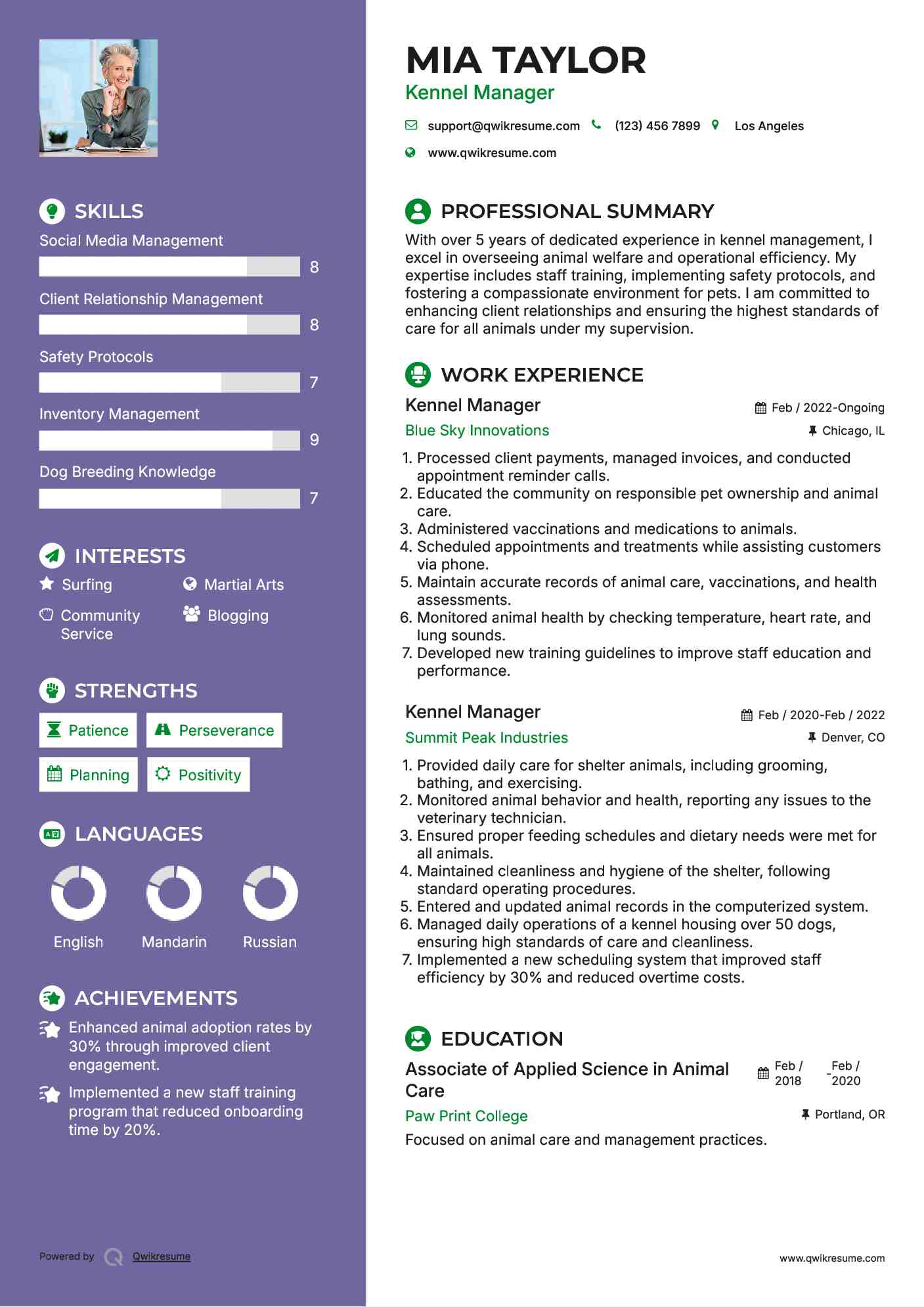 Kennel Manager Resume Samples QwikResume