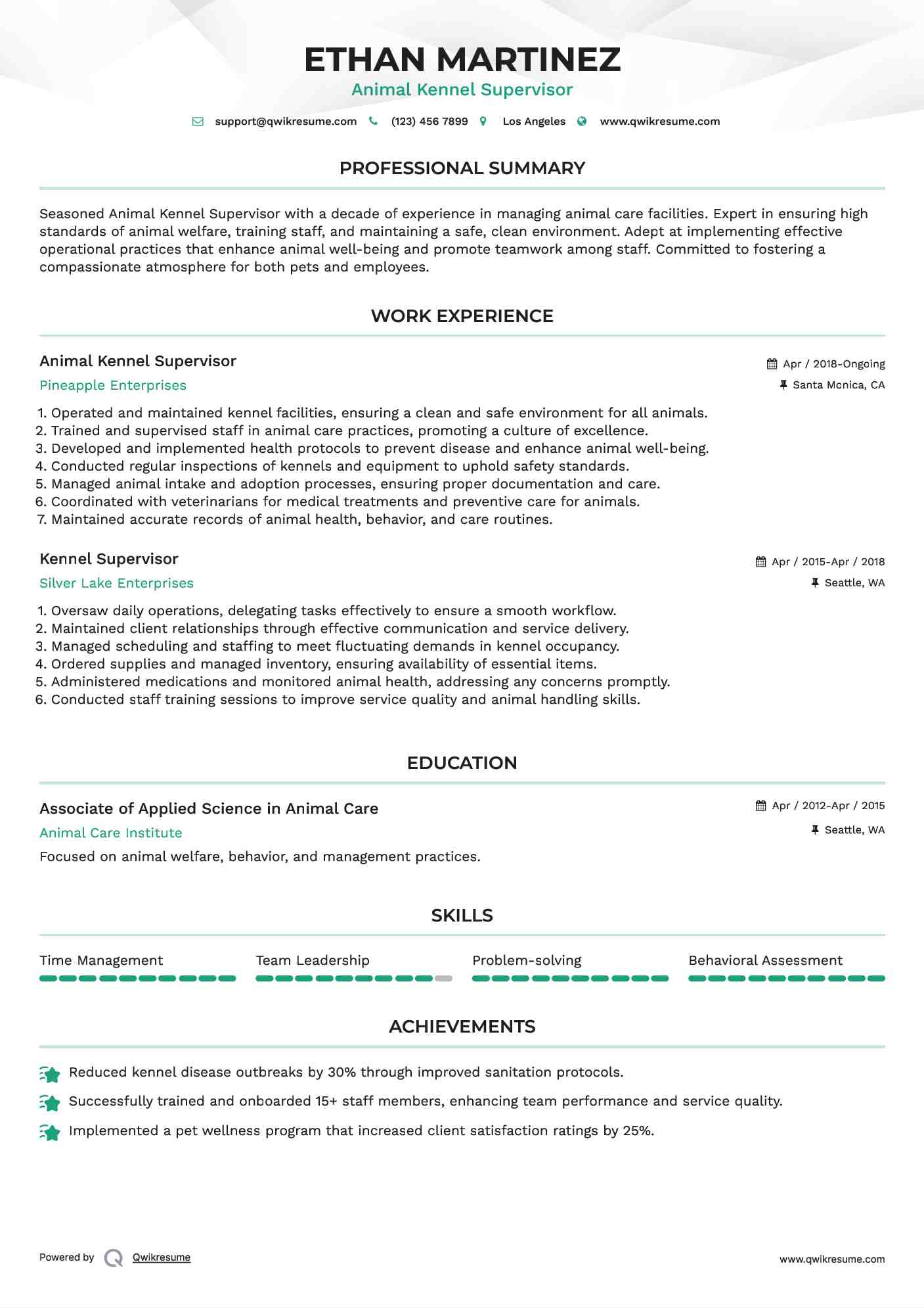 Animal Kennel Supervisor Resume Format