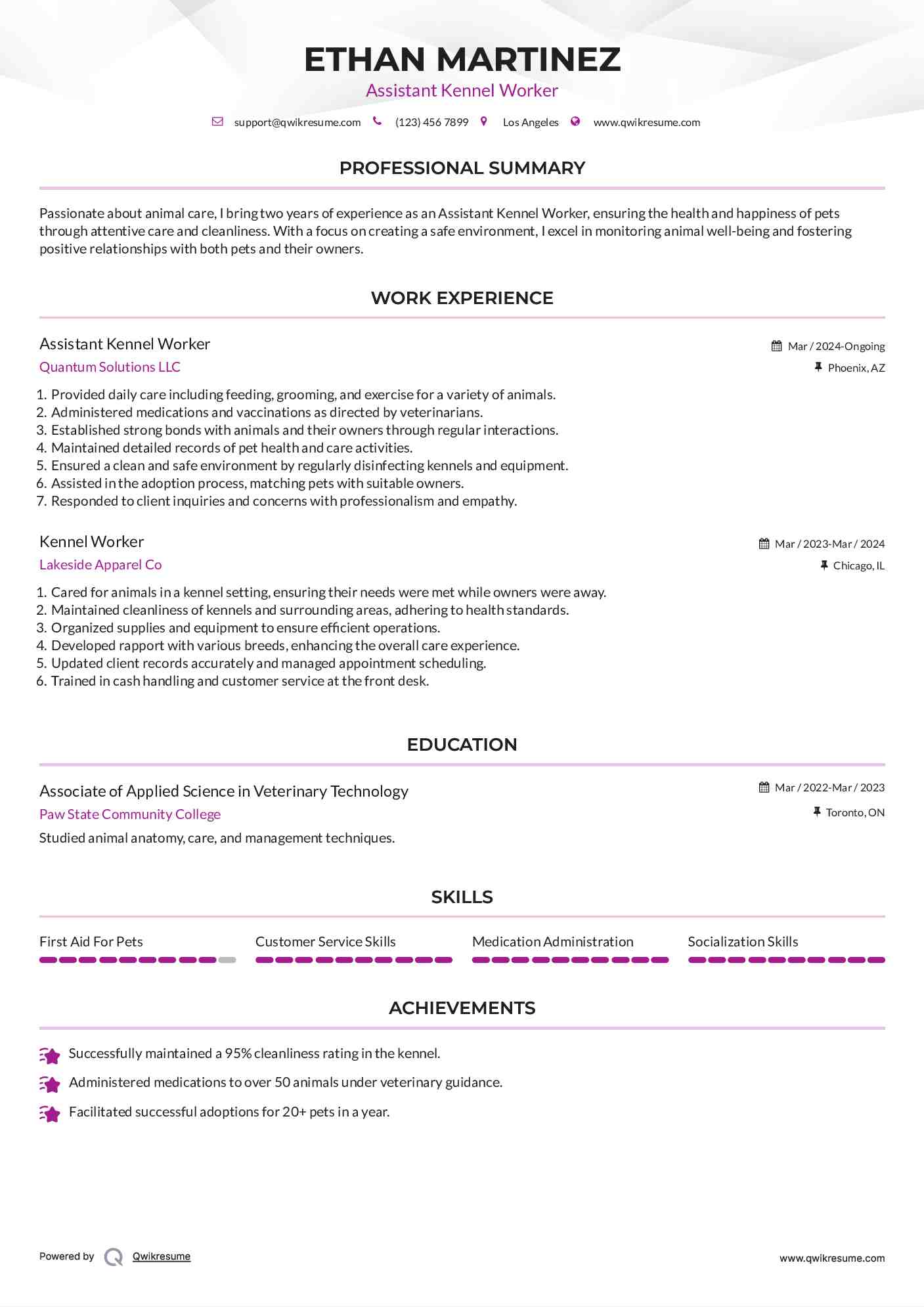 Kennel Worker Resume Samples QwikResume