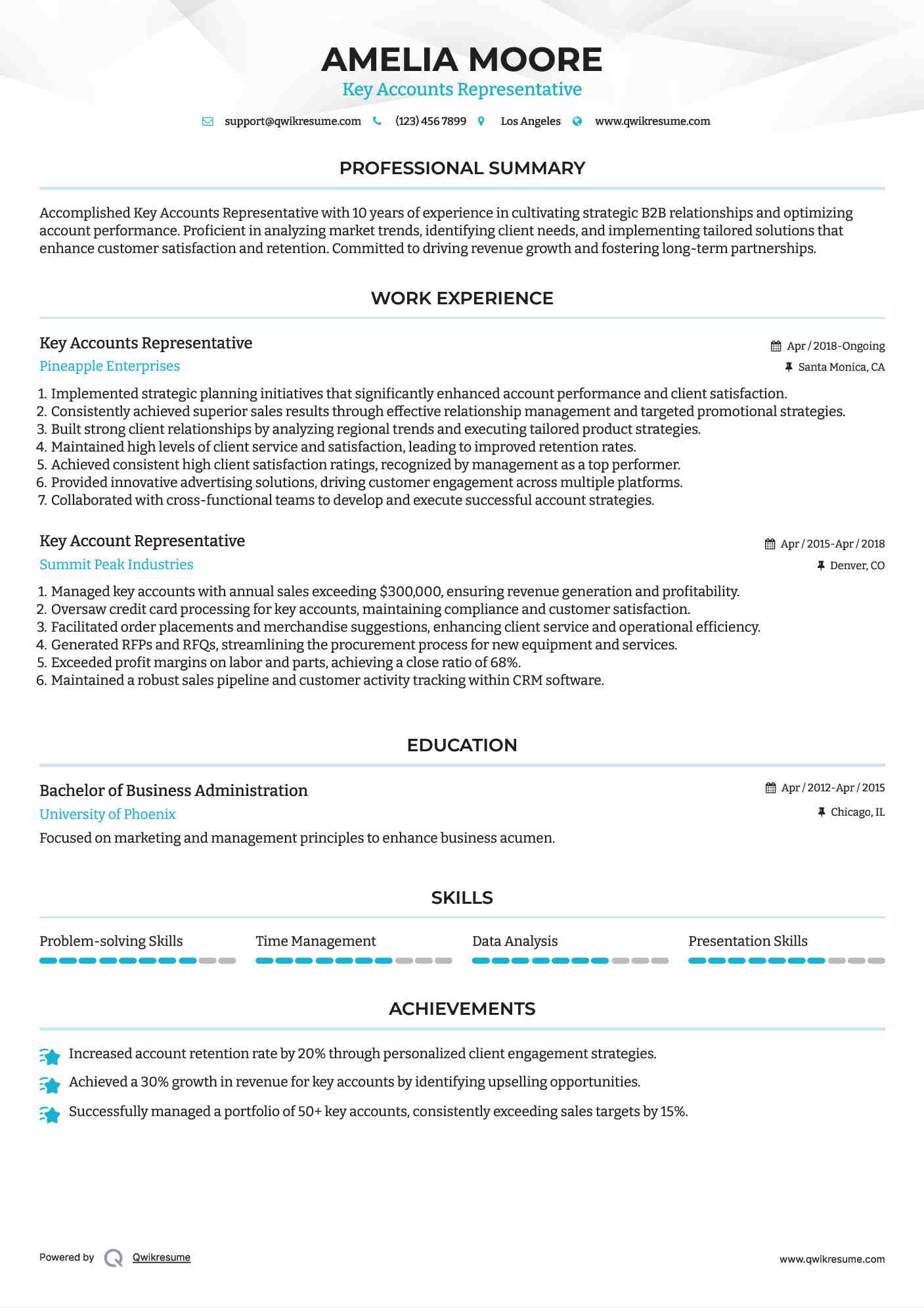 Key Accounts Representative  Resume Format