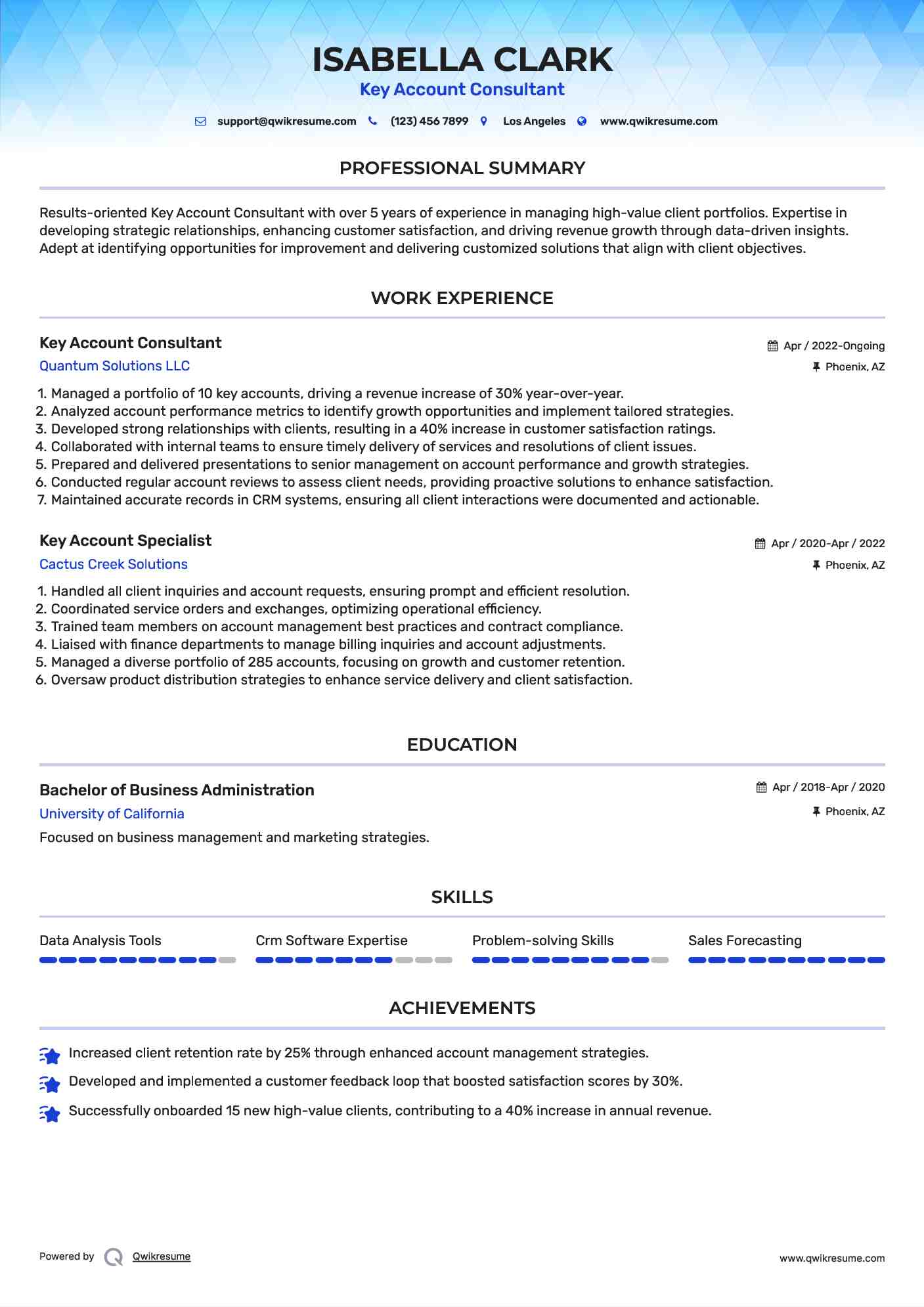 Key Account Consultant Resume Sample