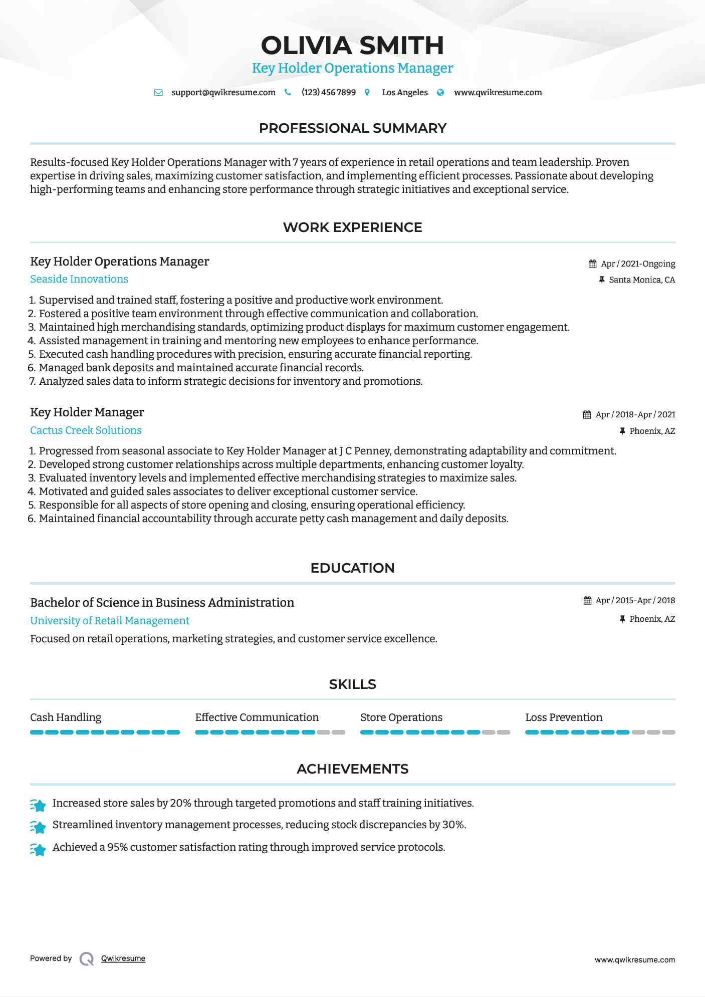 Key Holder Manager Resume Samples QwikResume