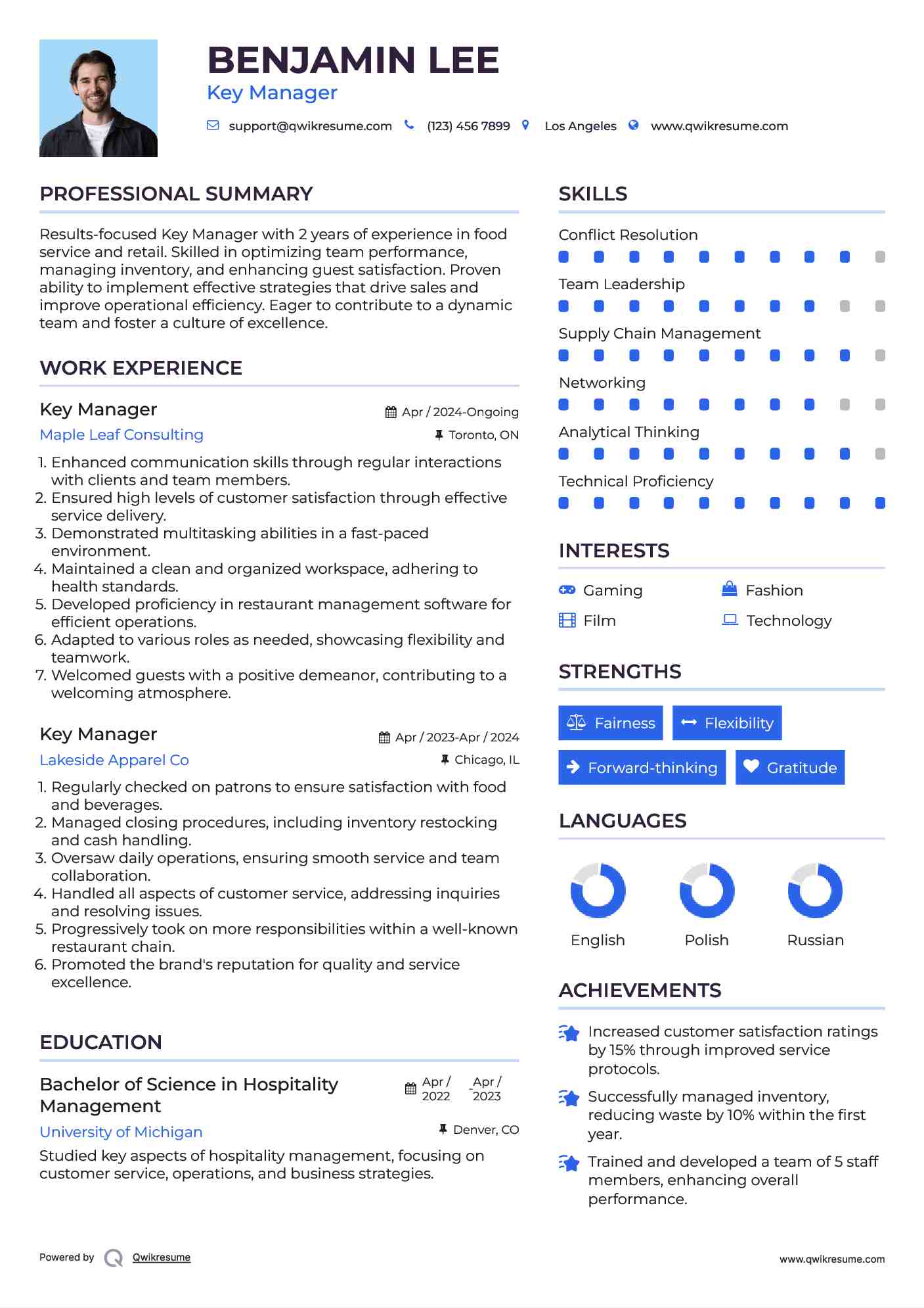 Key Manager Resume Example