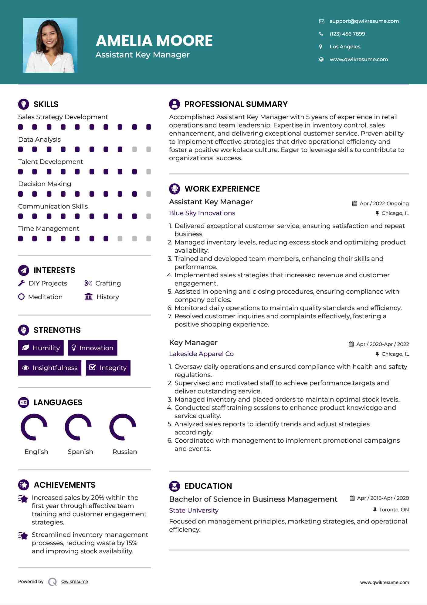 Assistant Key Manager Resume Example