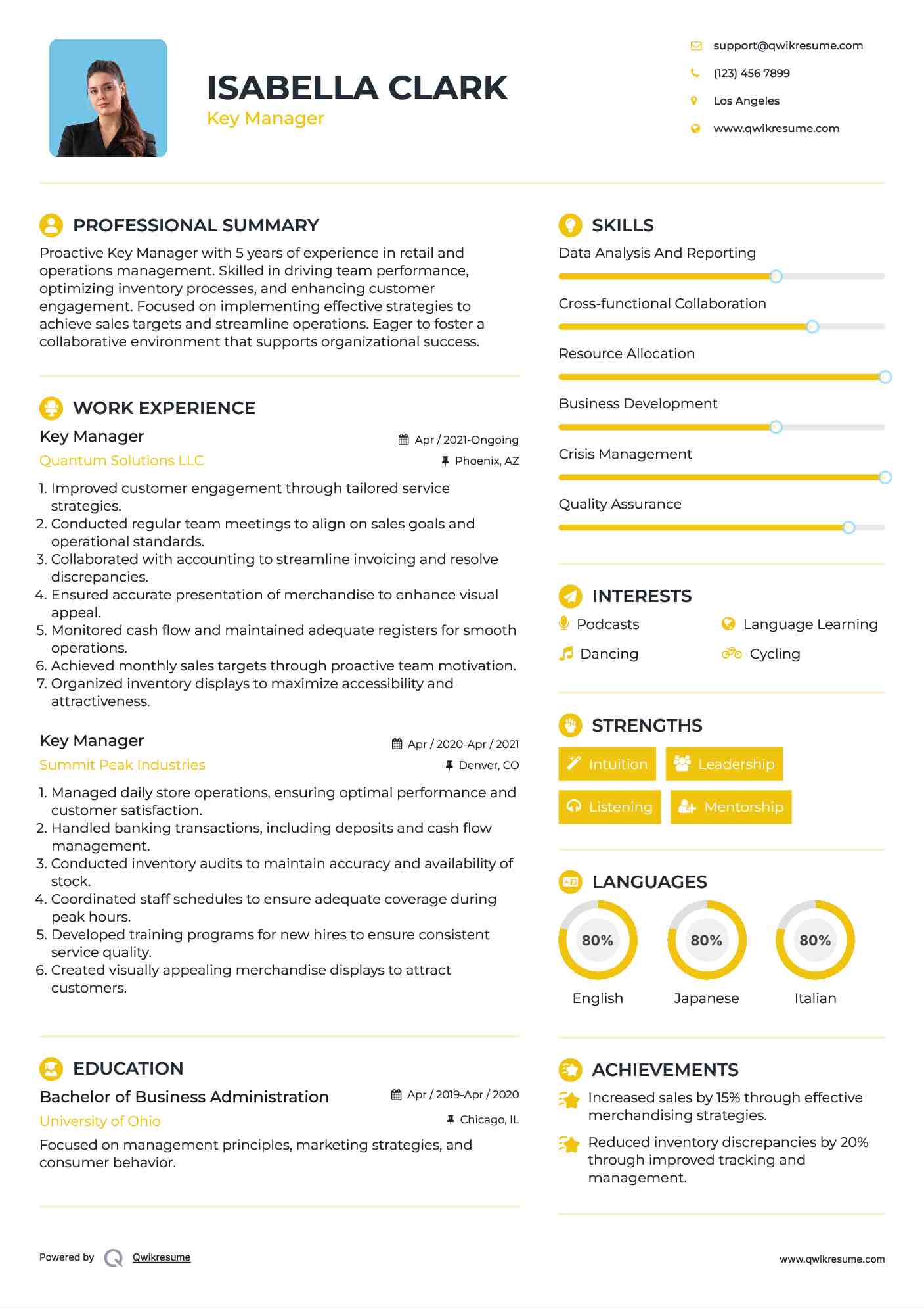 Key Manager Resume Format