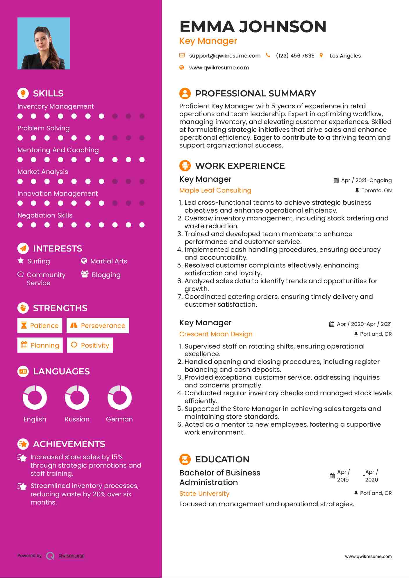 Key Manager Resume Model