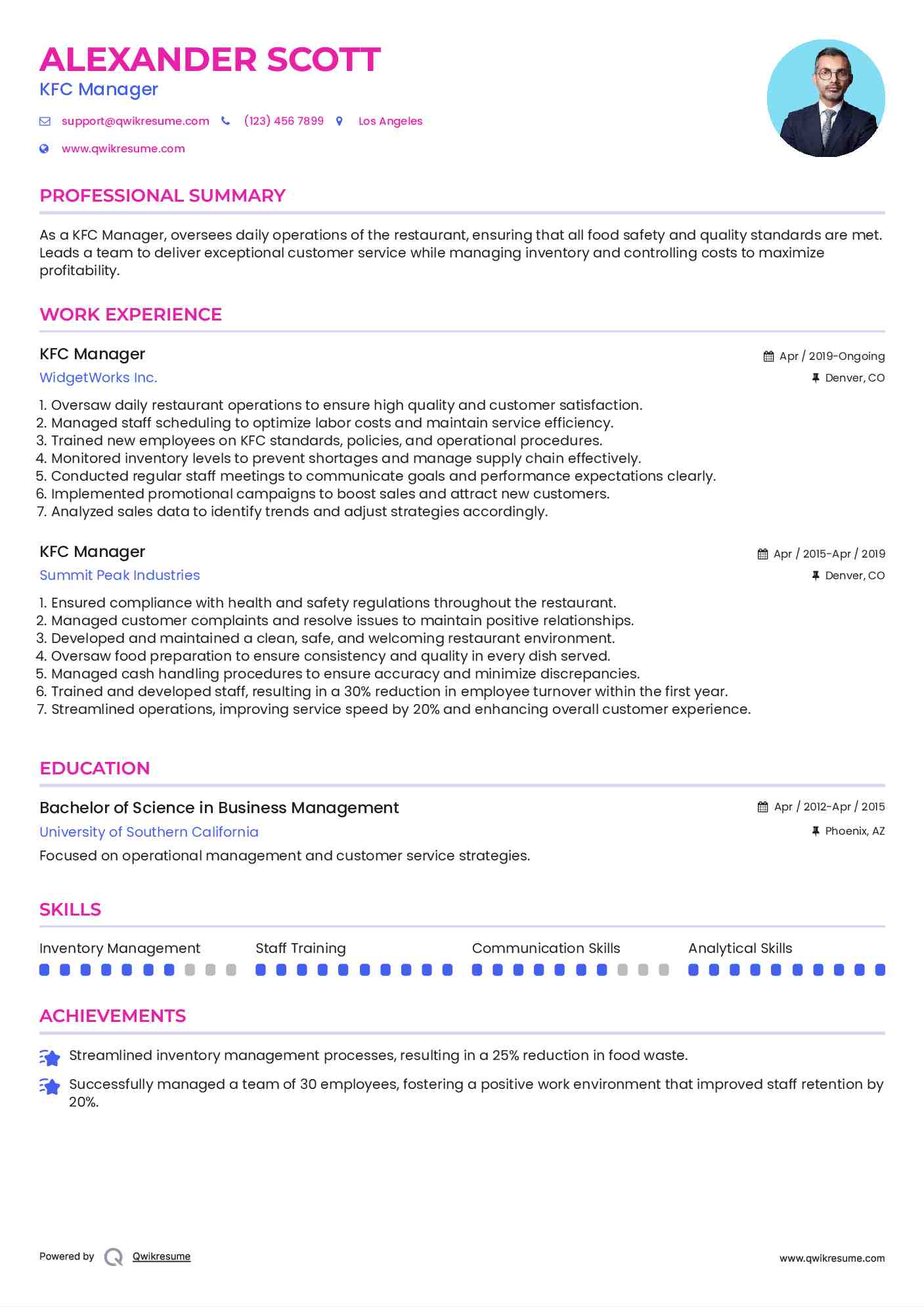 KFC Manager Resume Template