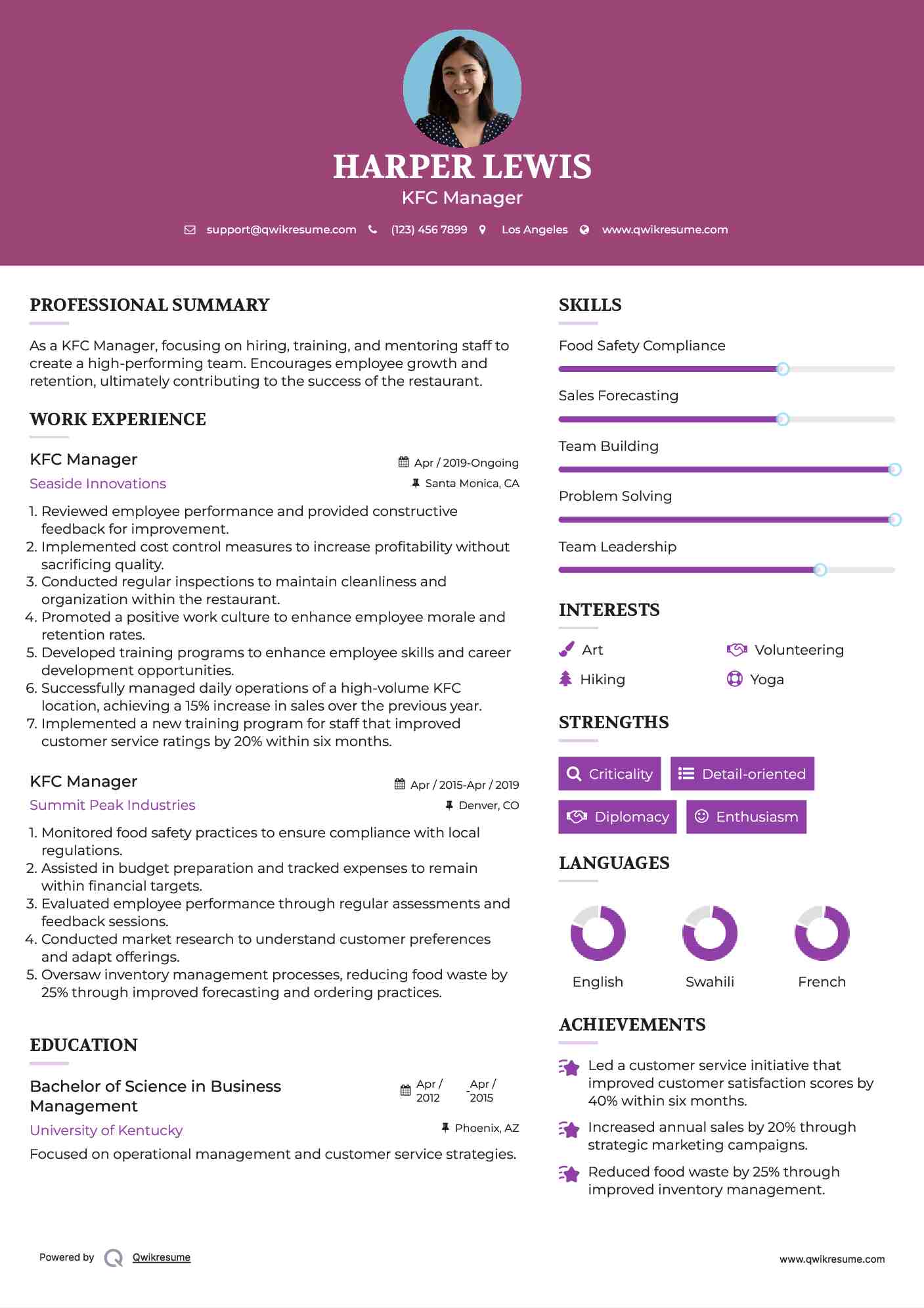 KFC Manager Resume Template