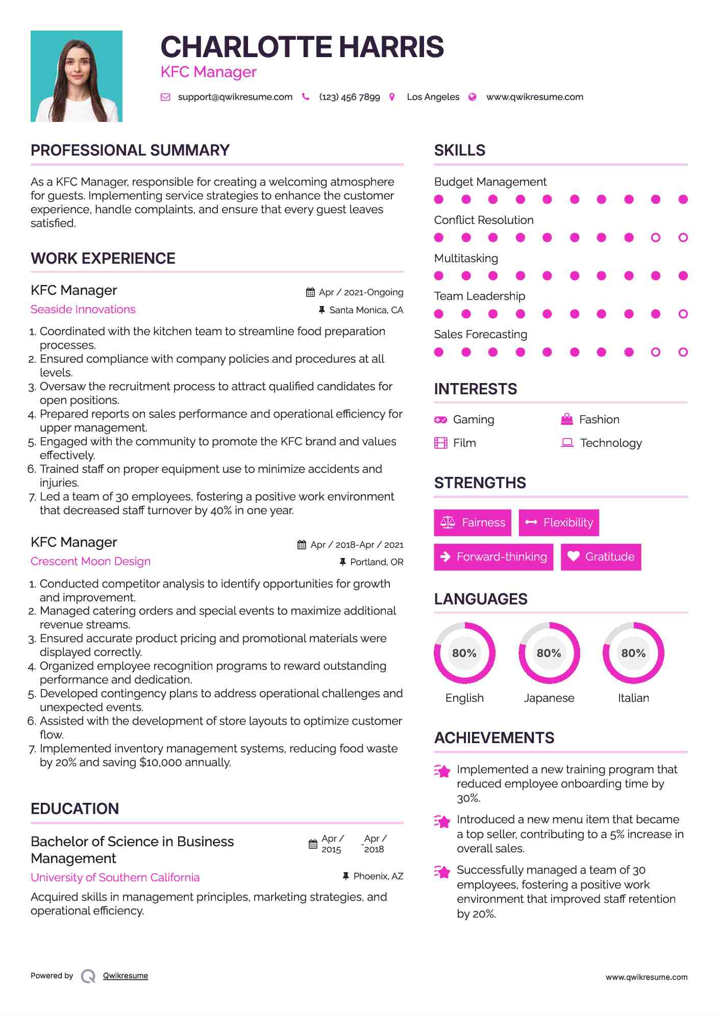 KFC Manager Resume Format