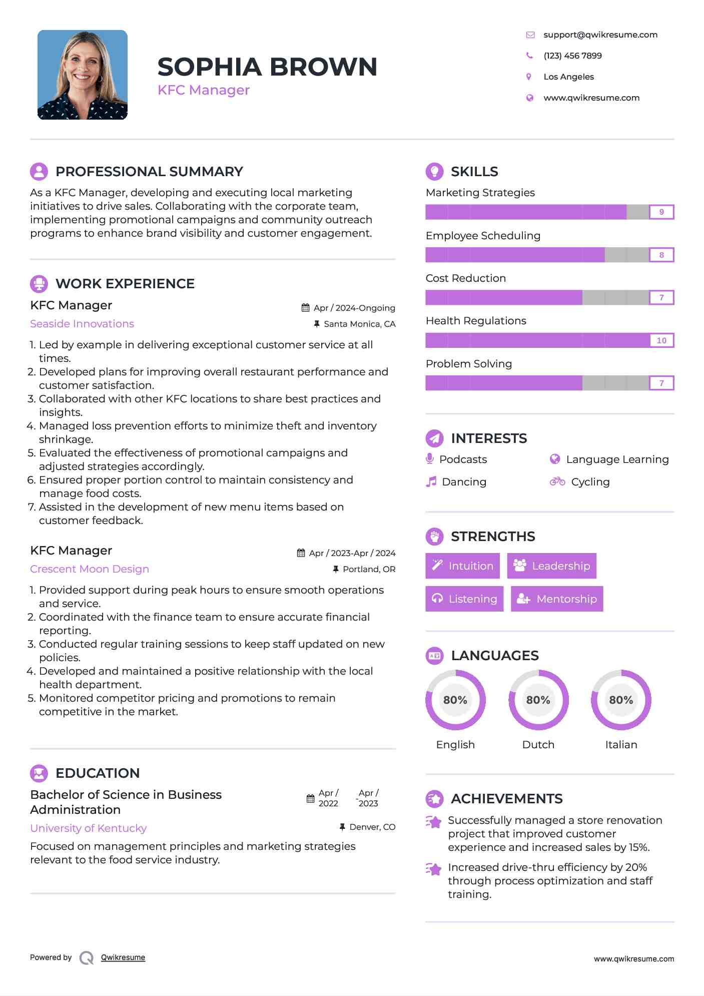 KFC Manager Resume Sample