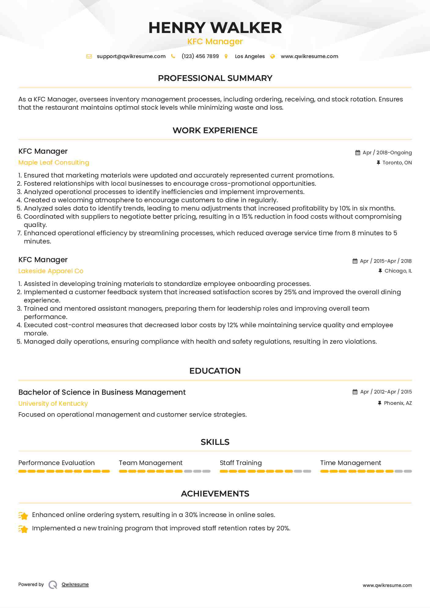 KFC Manager Resume Model