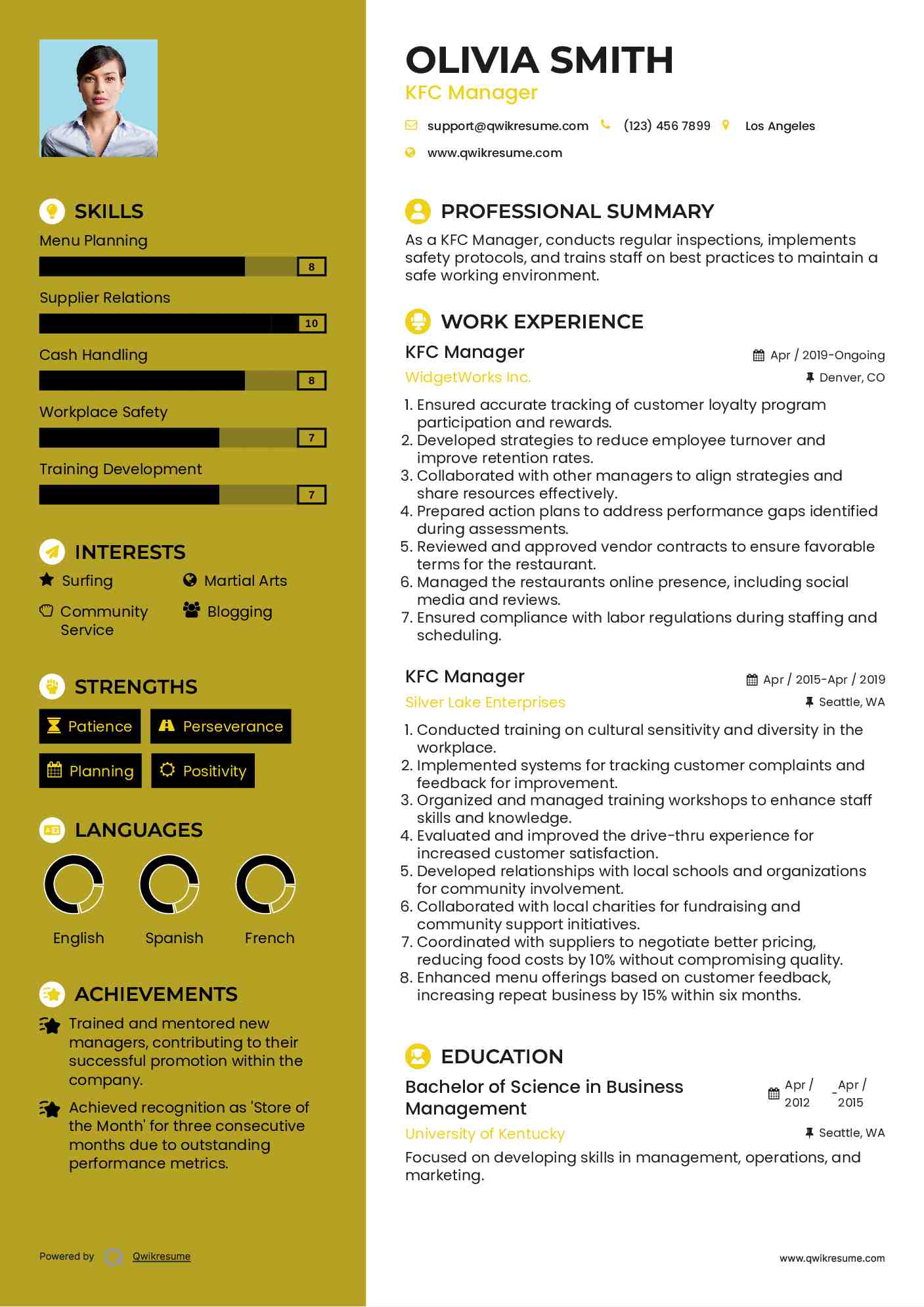 KFC Manager Resume Model