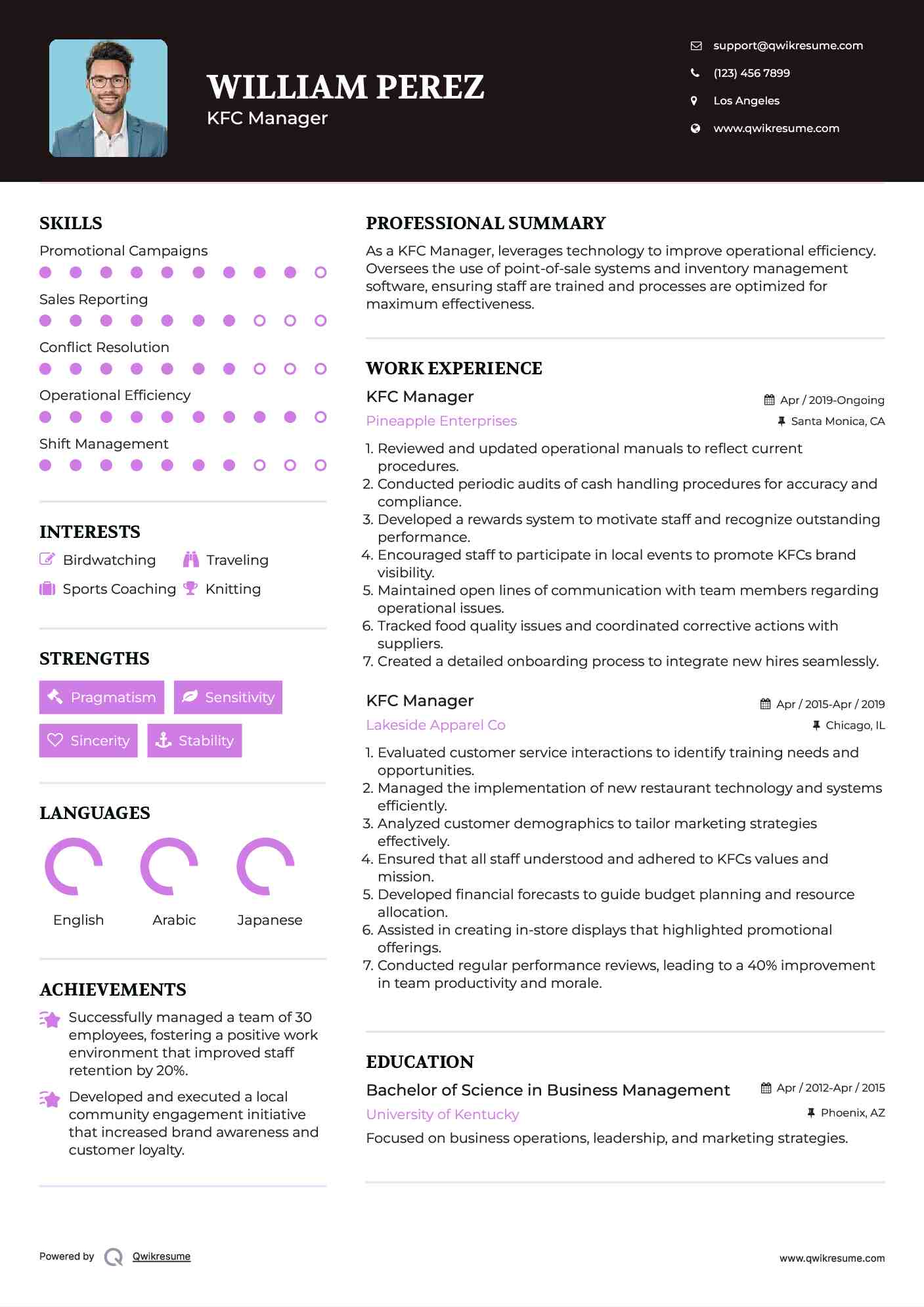 KFC Manager Resume Model