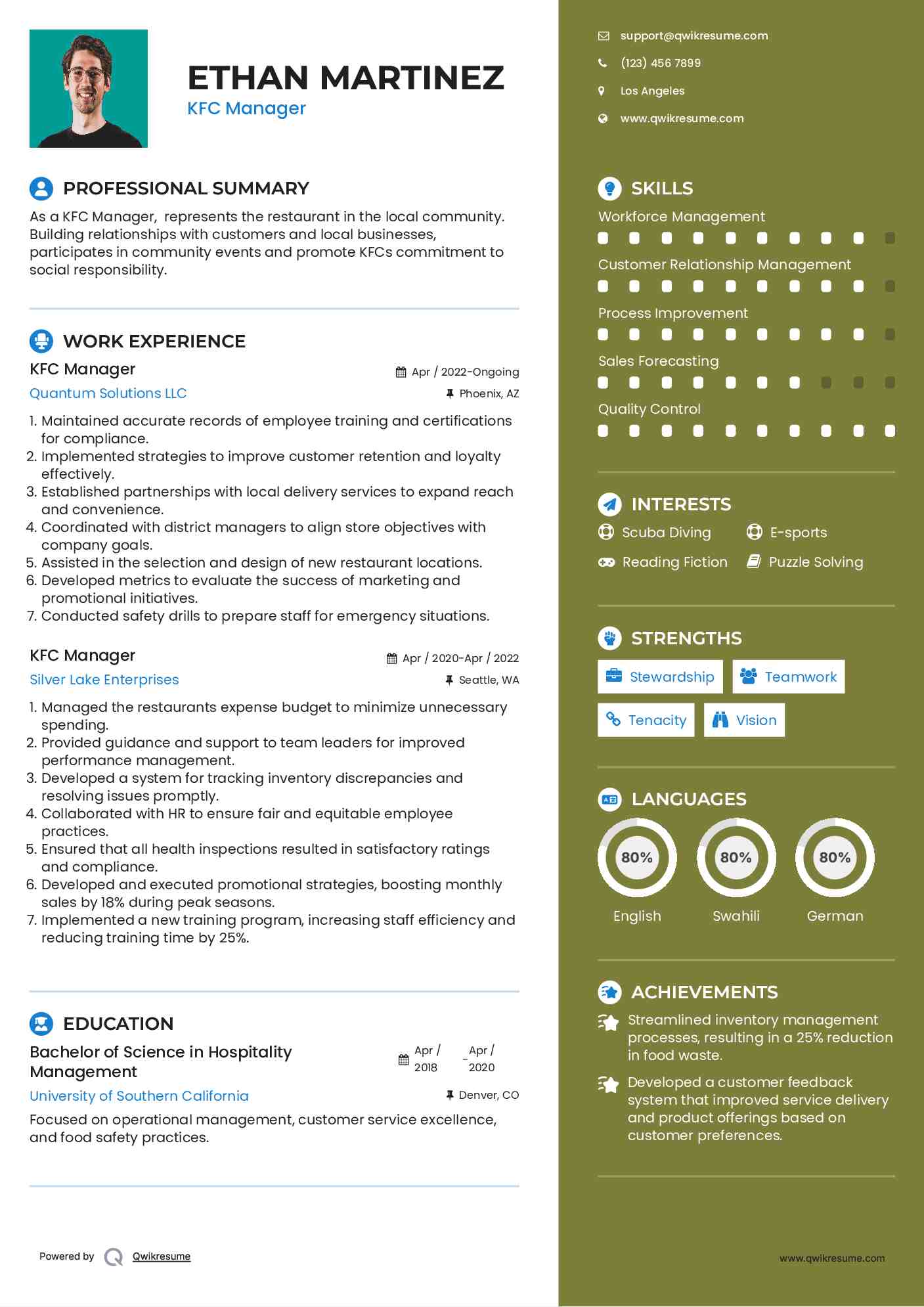 KFC Manager Resume Format