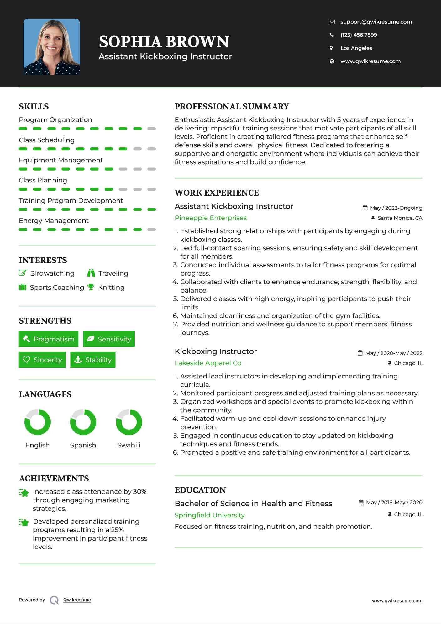 Assistant Kickboxing Instructor Resume Template