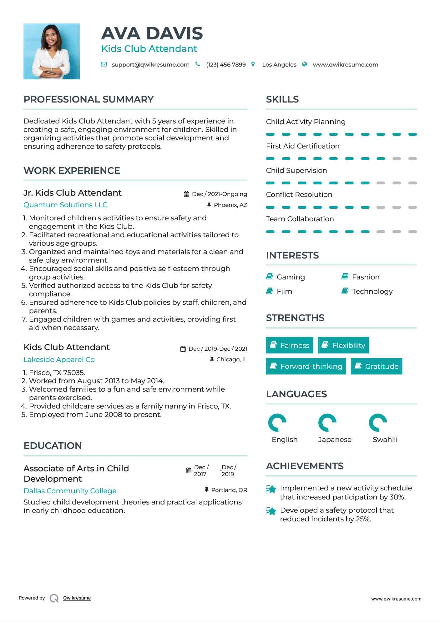 Jr. Kids Club Attendant Resume Example